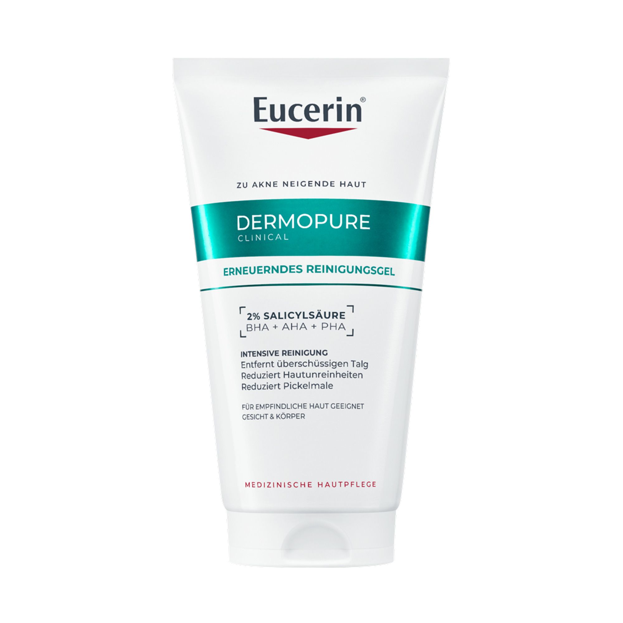 Eucerin® DERMOPURE CLINICAL Waschgel. Weiße Tube mit grünem Streifen und Produktinformationen. Eucerin Logo.