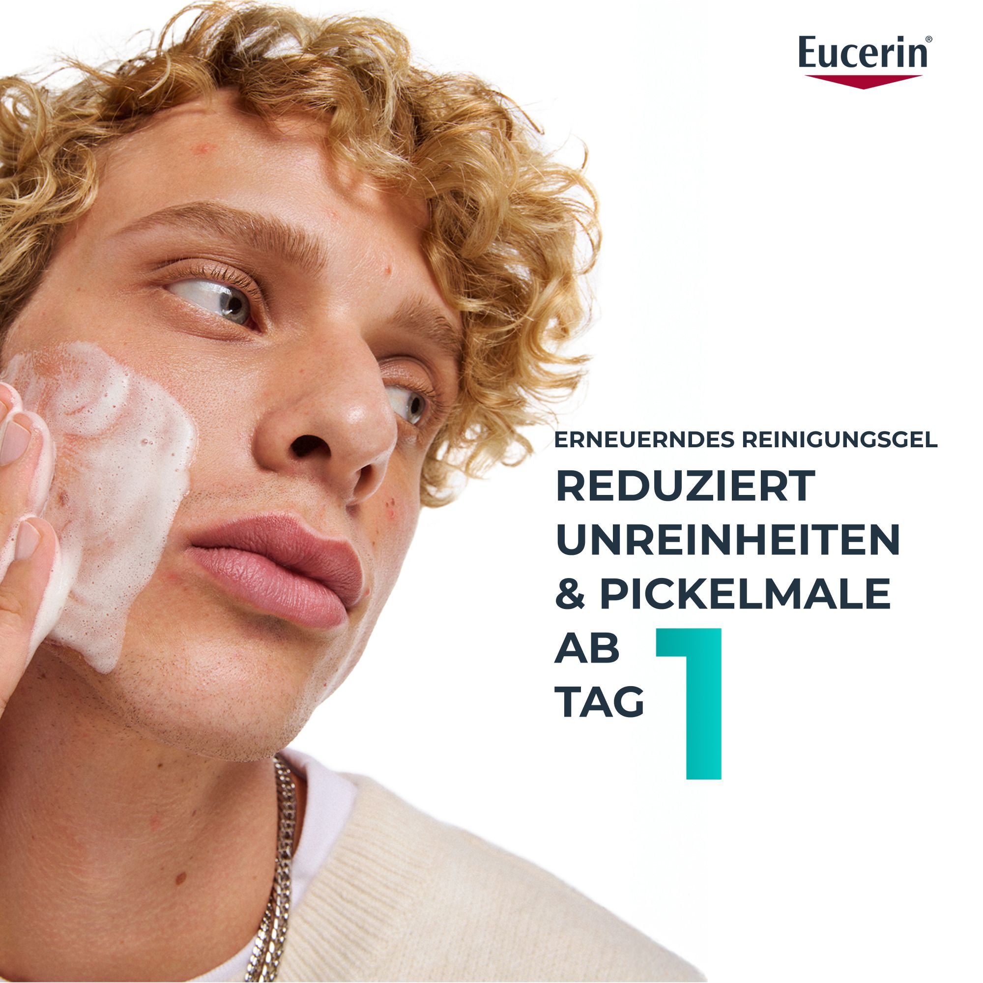 Mann wäscht Gesicht mit Schaum. Text: Reduziert Unreinheiten & Pickelmale ab Tag 1. Eucerin Logo.