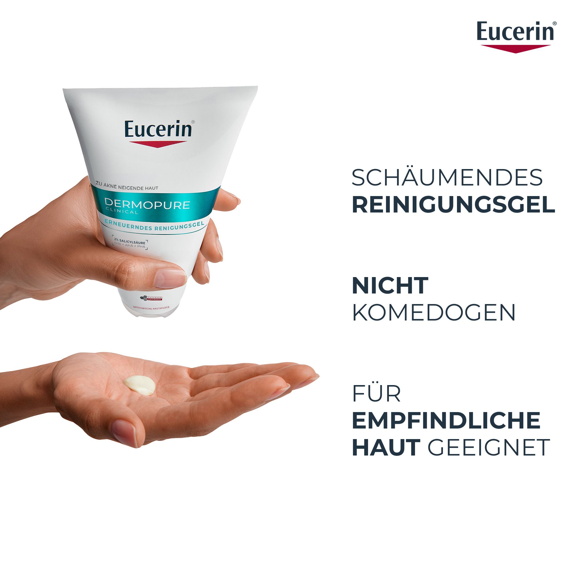 Hand hält Tube Eucerin® DERMOPURE CLINICAL Waschgel. Schaumendes Reinigungsgel. Nicht komedogen. Für empfindliche Haut geeignet.