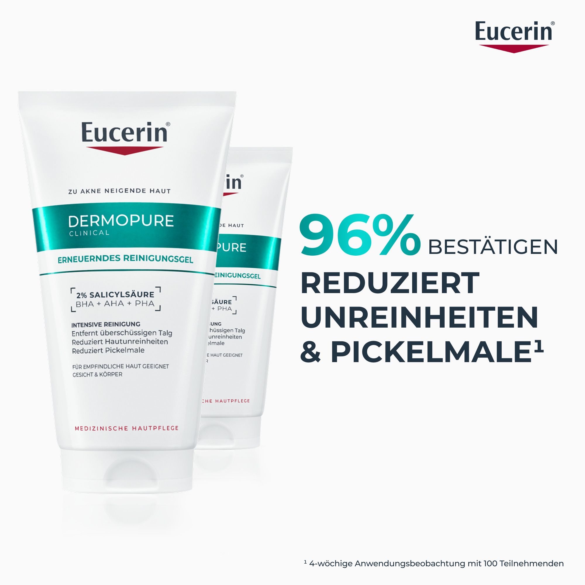 Zwei Tuben Eucerin® DERMOPURE CLINICAL Waschgel. Text: 96% bestätigen reduziert Unreinheiten & Pickelmale.
