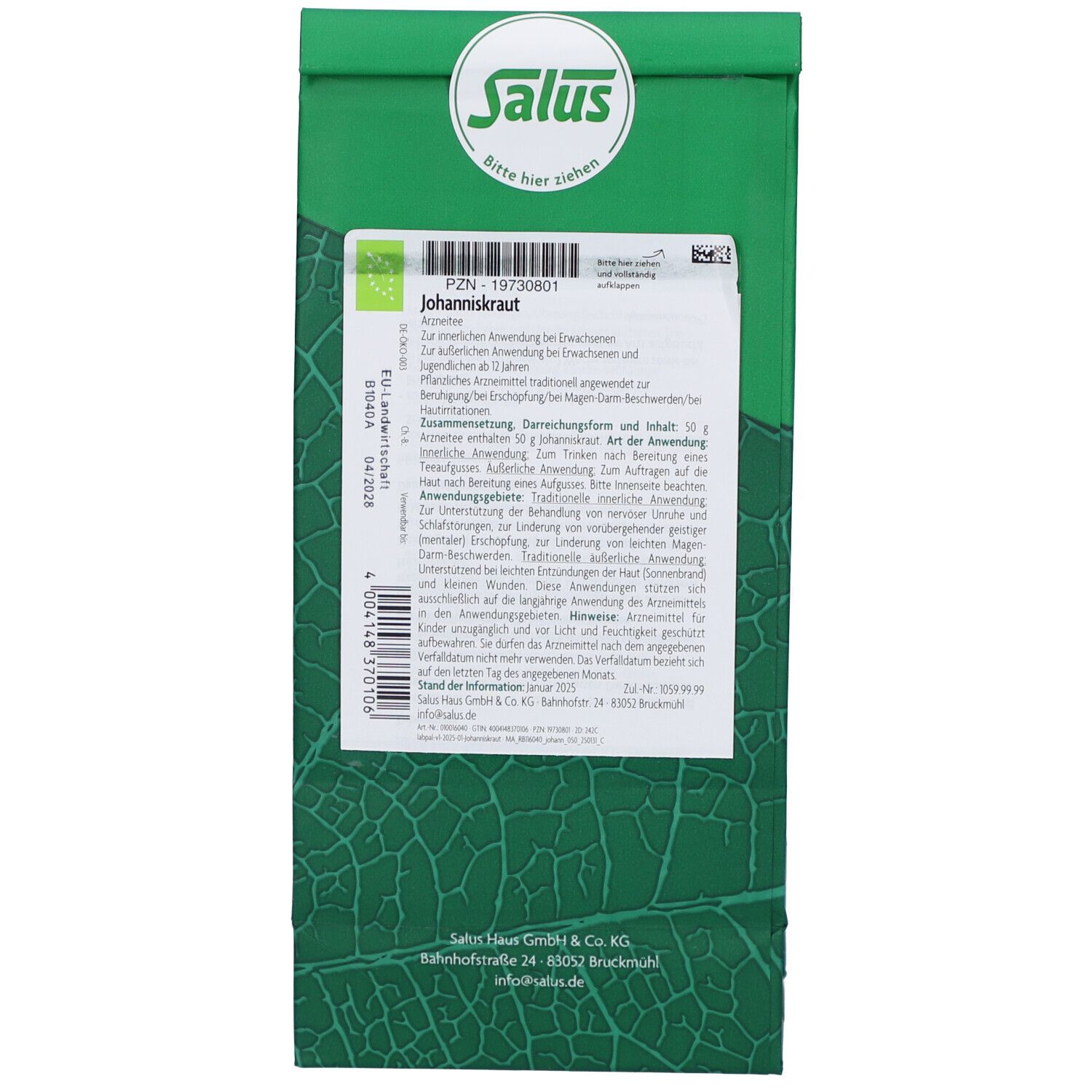 Rückseite der grünen Verpackung mit Text und Informationen. "Salus" Logo oben.