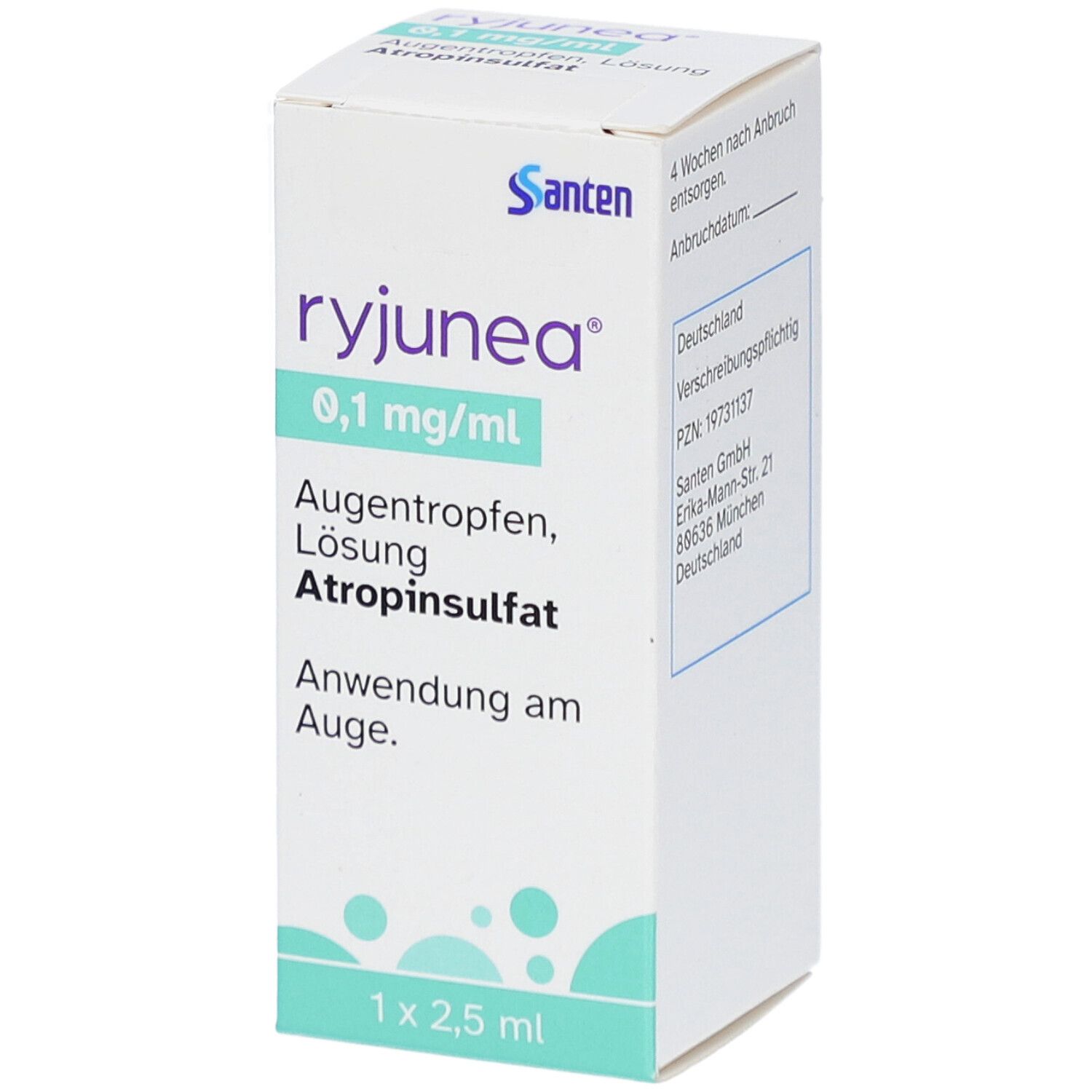 Weiße Faltschachtel mit "ryjunea" und "0,1 mg/ml" Aufdruck. Enthält Augentropfen, Lösung, Atropinsulfat. 1 x 2,5 ml.