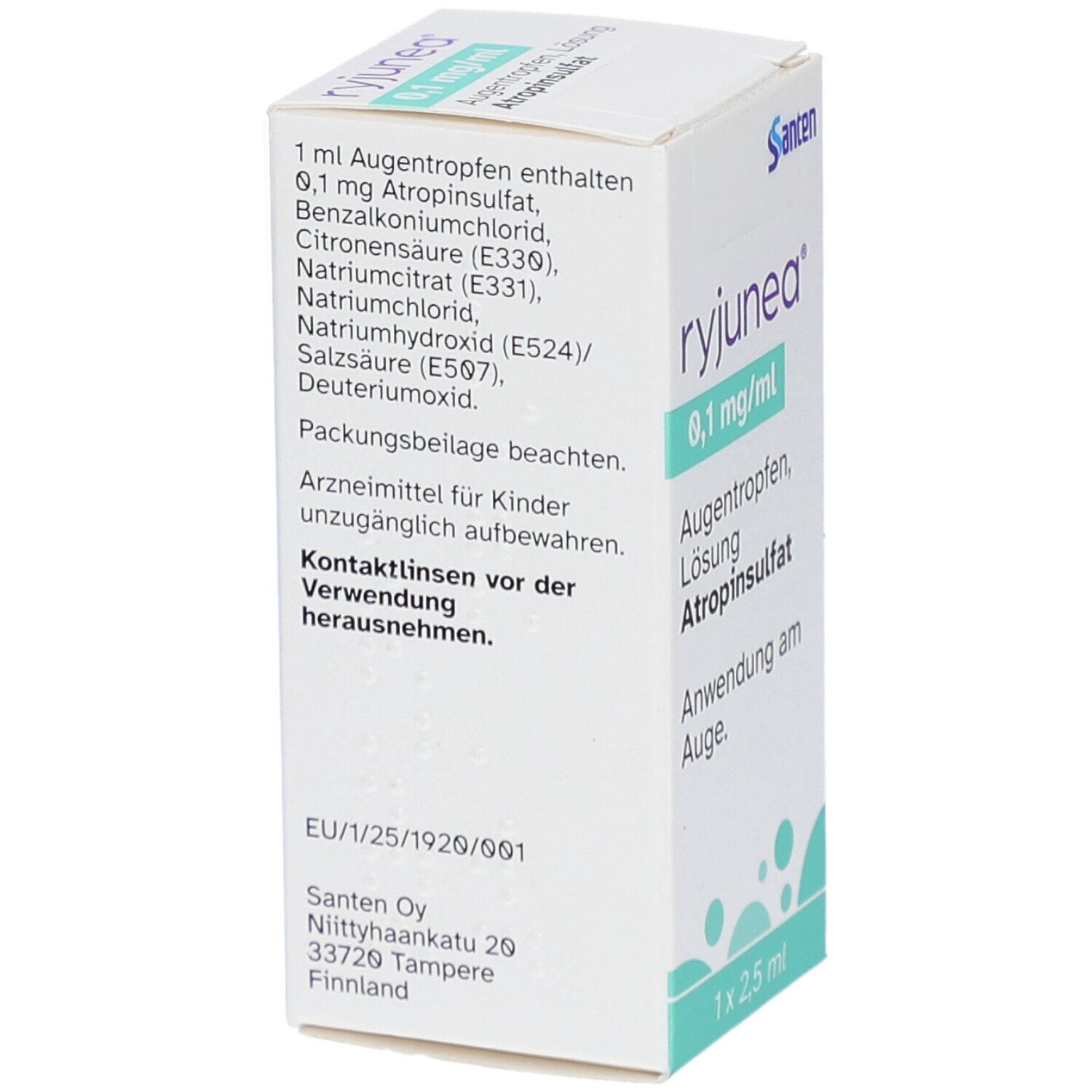 Weiße Faltschachtel mit "ryjunea" und "0,1 mg/ml" Aufdruck. Enthält Augentropfen, Lösung, Atropinsulfat. 1 x 2,5 ml. Inhaltsstoffe.