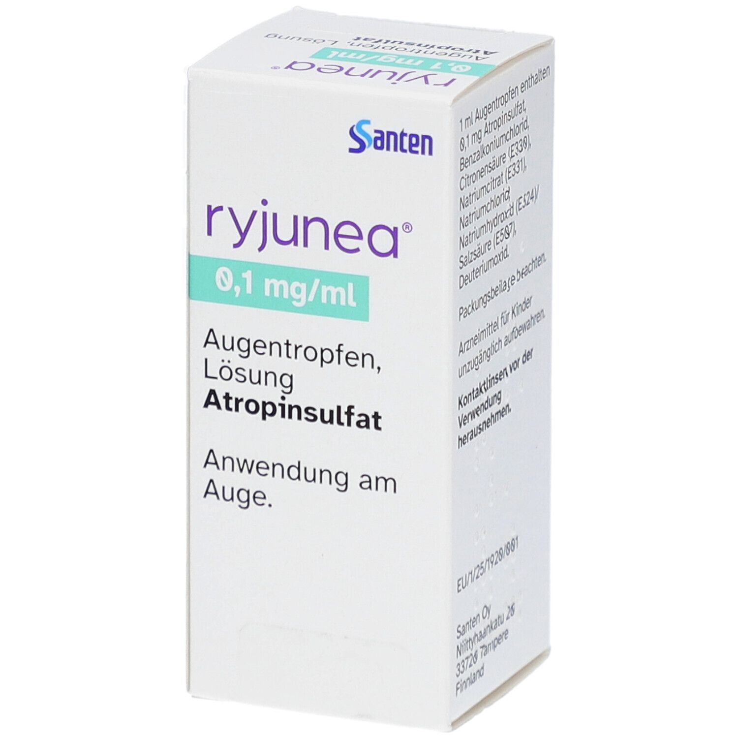 Weiße Faltschachtel mit "ryjunea" und "0,1 mg/ml" Aufdruck. Enthält Augentropfen, Lösung, Atropinsulfat. 1 x 2,5 ml. Herstellerinformationen.