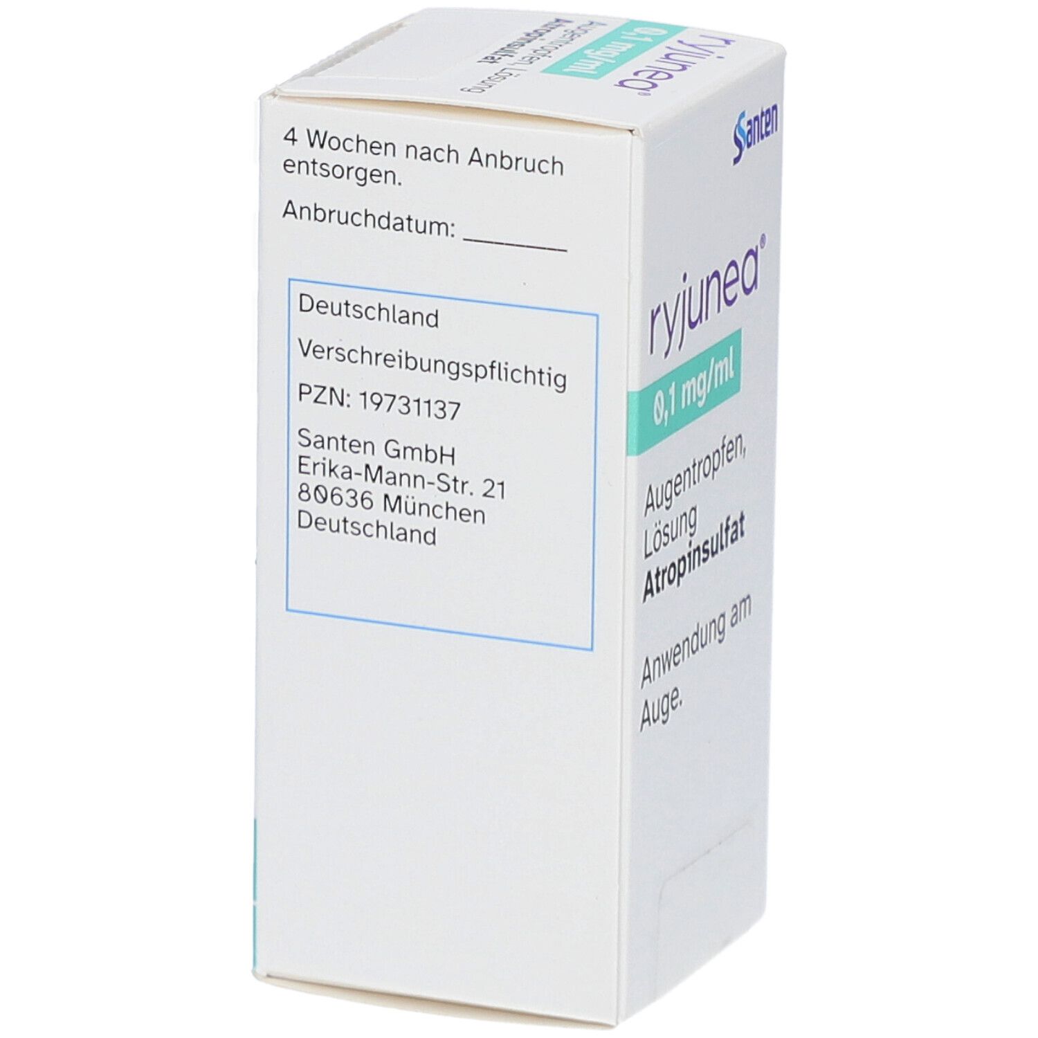 Weiße Faltschachtel mit "ryjunea" und "0,1 mg/ml" Aufdruck. Enthält Augentropfen, Lösung, Atropinsulfat. 1 x 2,5 ml. Rückseite der Verpackung.