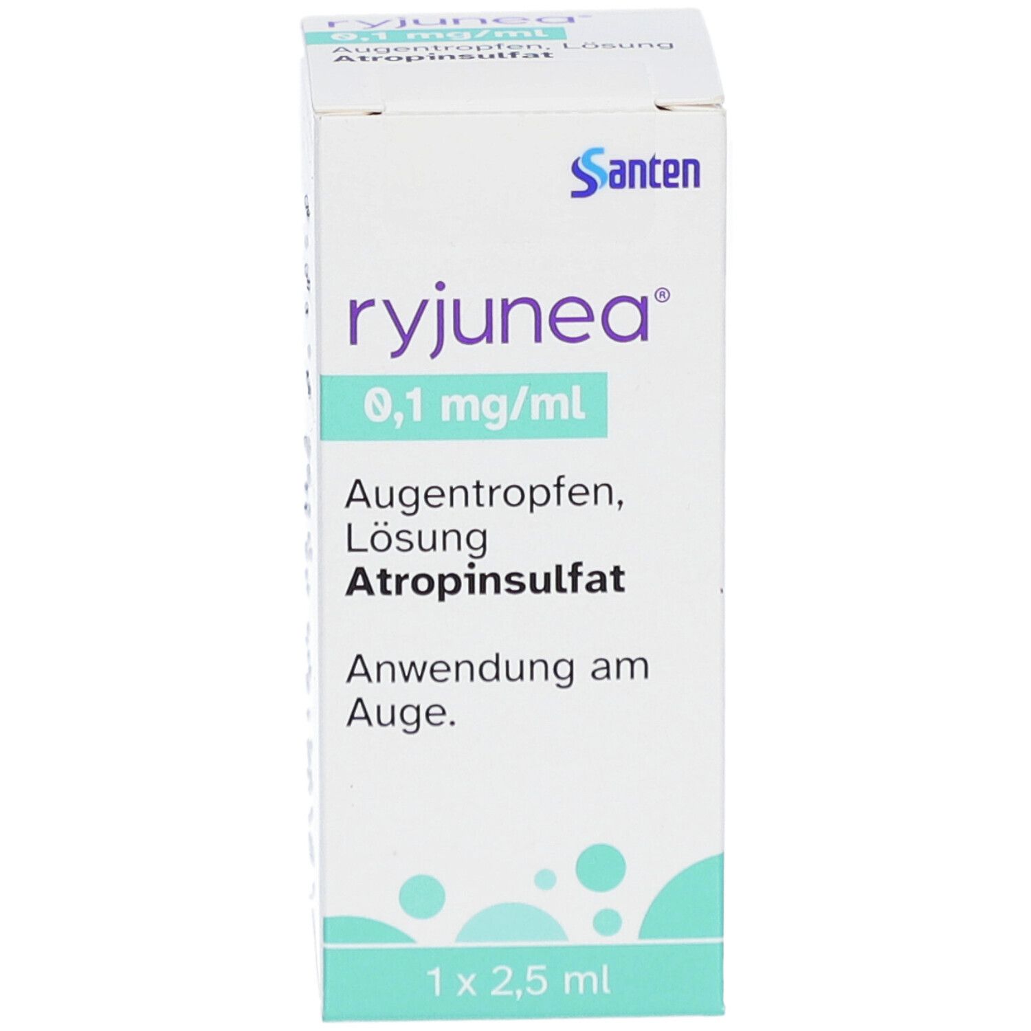 Weiße Faltschachtel mit "ryjunea" und "0,1 mg/ml" Aufdruck. Enthält Augentropfen, Lösung, Atropinsulfat. 1 x 2,5 ml.