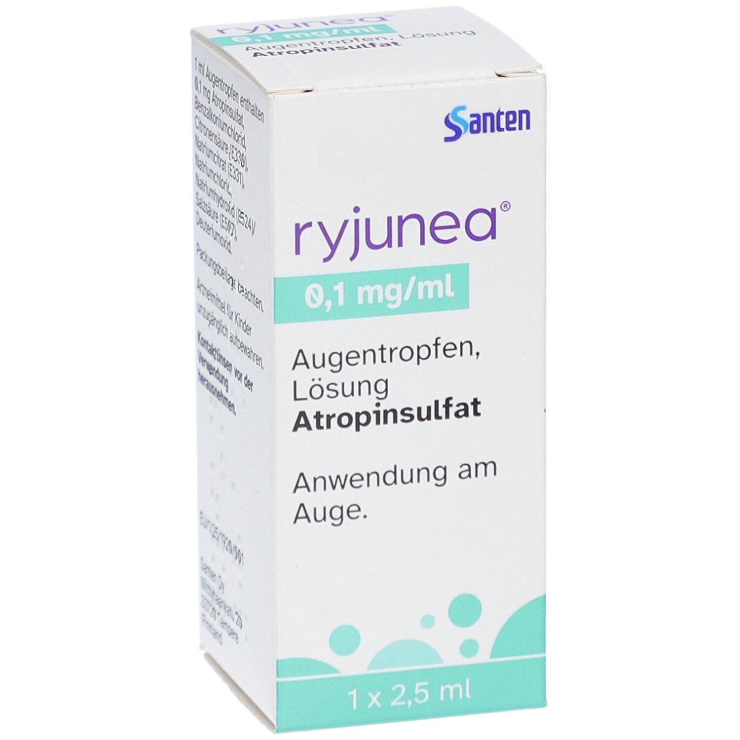 Weiße Faltschachtel mit "ryjunea" und "0,1 mg/ml" Aufdruck. Enthält Augentropfen, Lösung, Atropinsulfat. 1 x 2,5 ml.