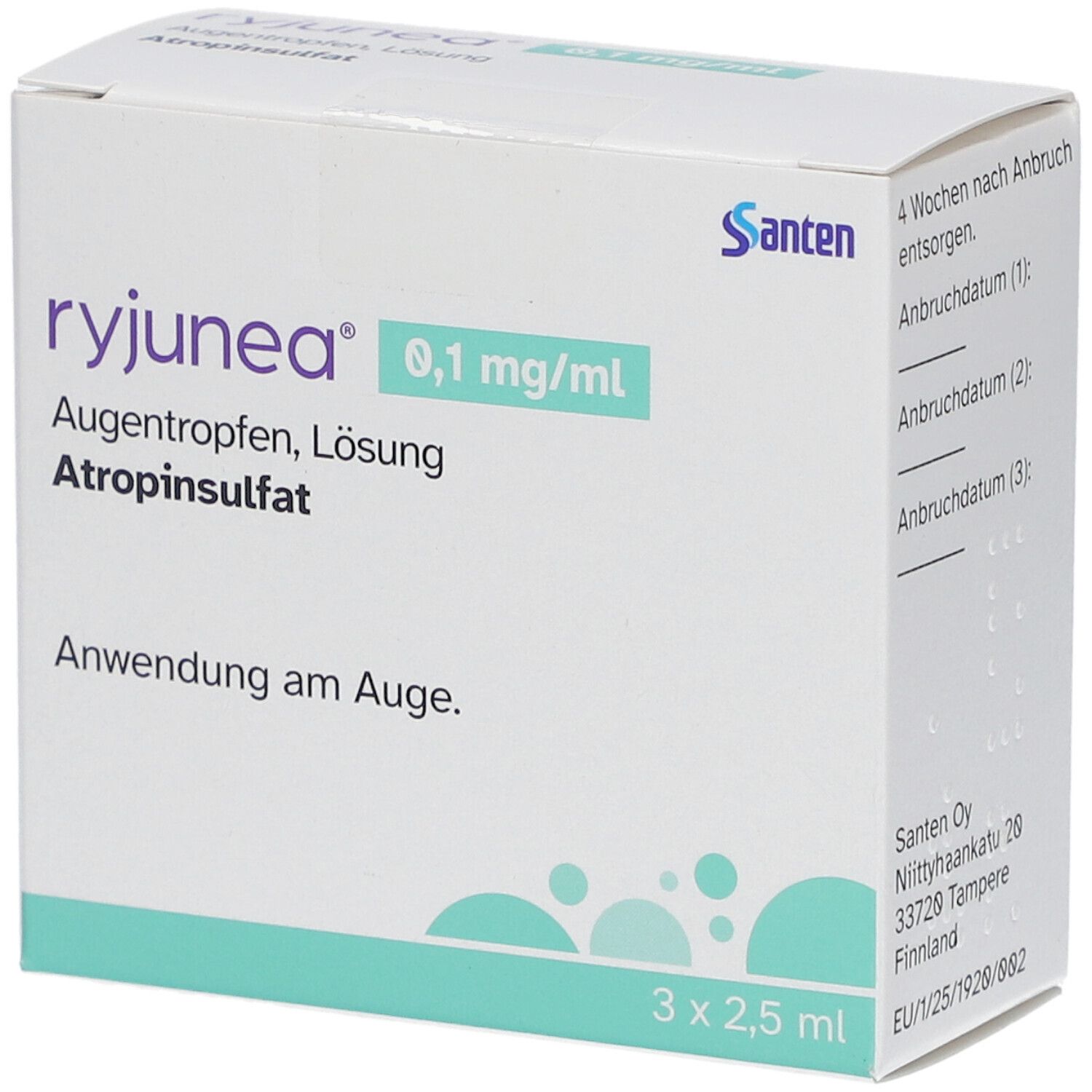 Schachtel mit "ryjunea" Augentropfen. Enthält 3 x 2,5 ml. Aufschrift: "Anwendung am Auge". Hersteller: Santen.