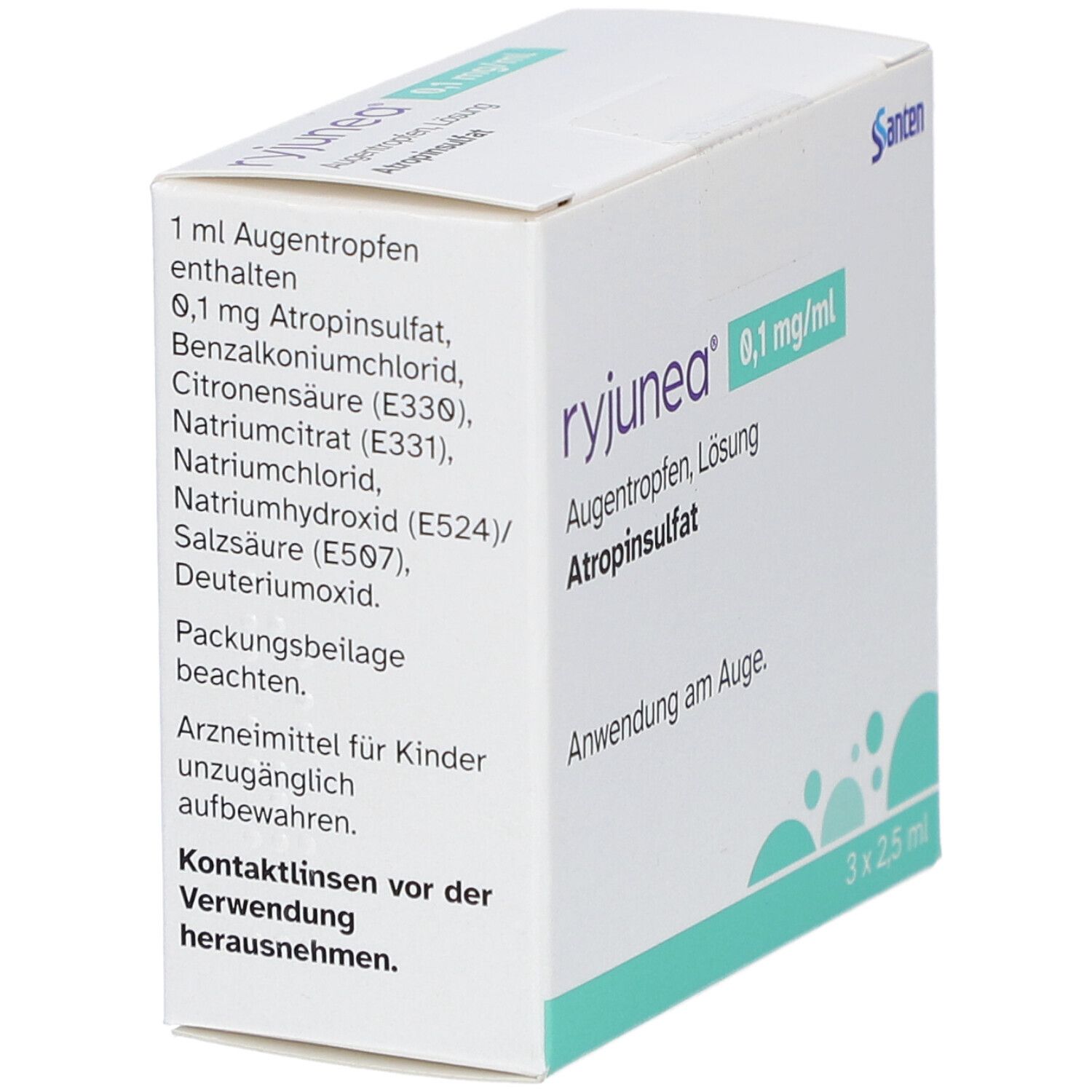 Weisse Schachtel mit "ryjunea" Augentropfen. Enthält 3 x 2,5 ml. Inhaltsstoffe und Herstellerangaben sind aufgedruckt.