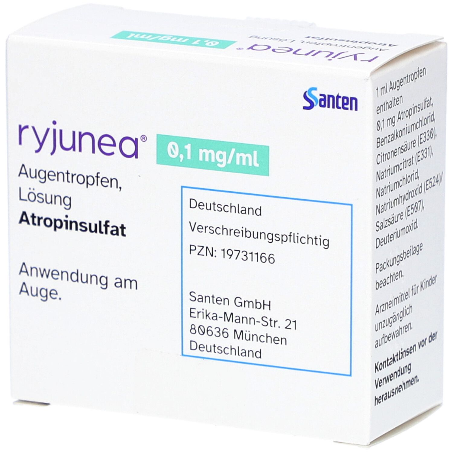 Weisse Schachtel mit "ryjunea" Augentropfen. Enthält 3 x 2,5 ml. Herstelleradresse und PZN-Nummer sind aufgedruckt.