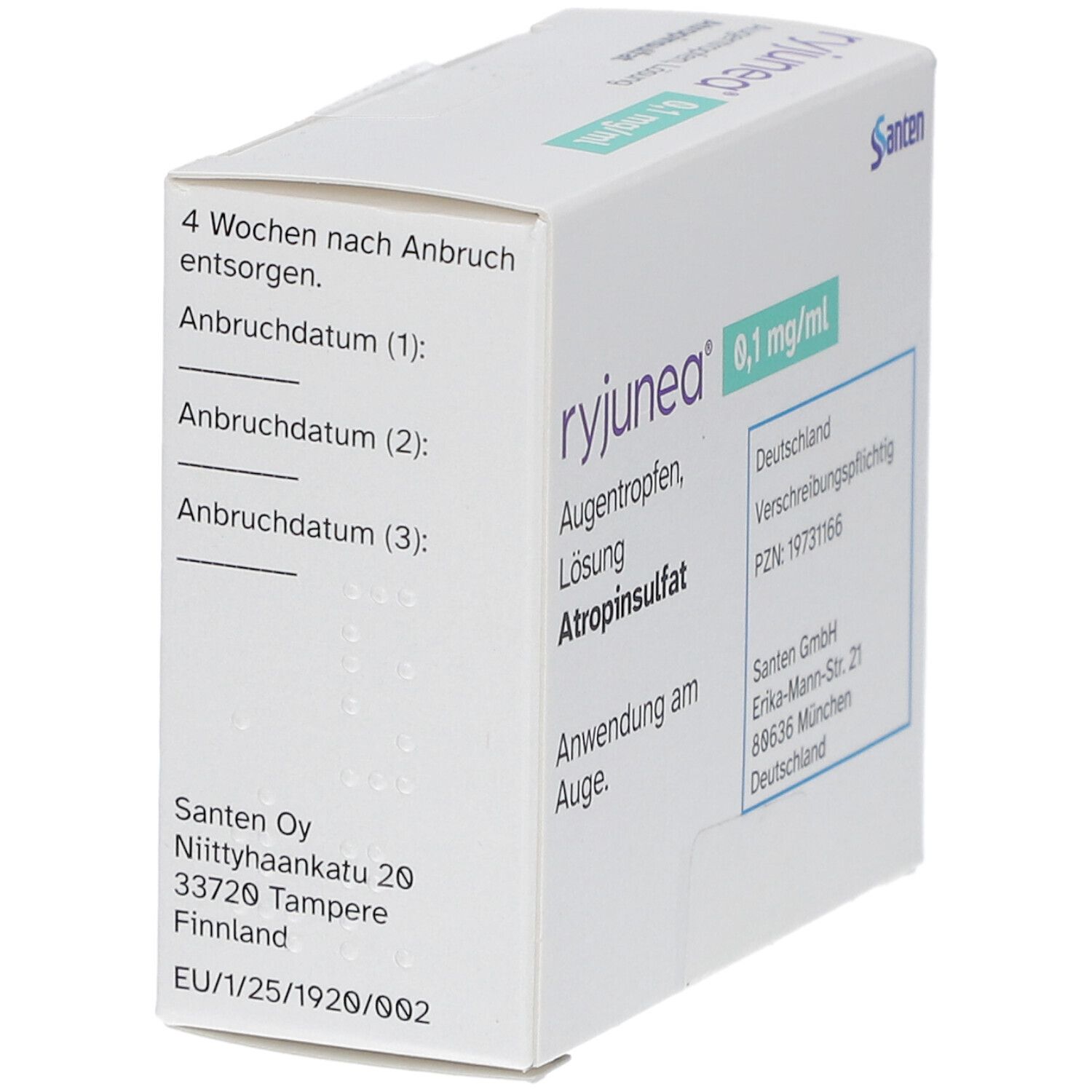 Weisse Schachtel mit "ryjunea" Augentropfen. Enthält 3 x 2,5 ml. Angaben zur Haltbarkeit nach Anbruch.