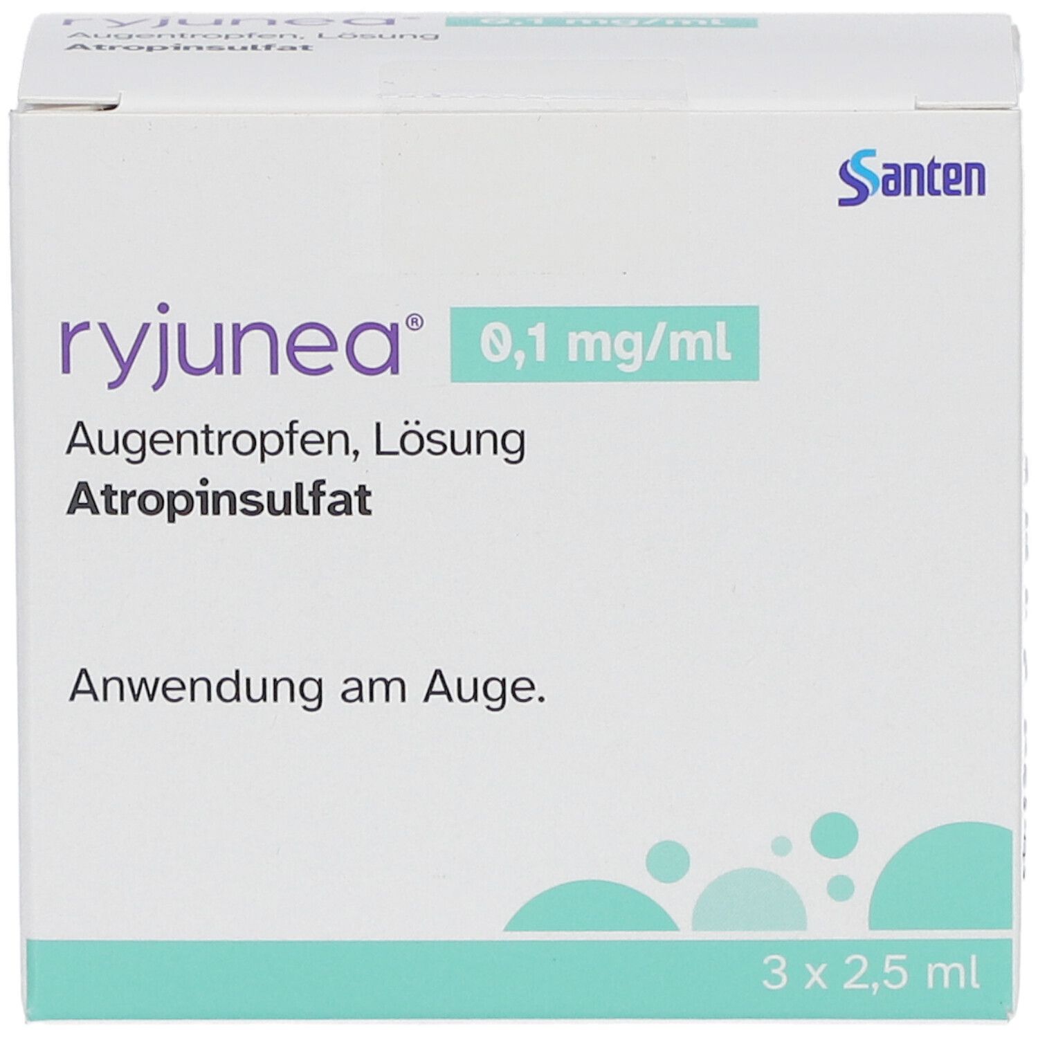 Weisse Schachtel mit "ryjunea" Augentropfen. Enthält 3 x 2,5 ml. Aufschrift: "Anwendung am Auge". Hersteller: Santen.