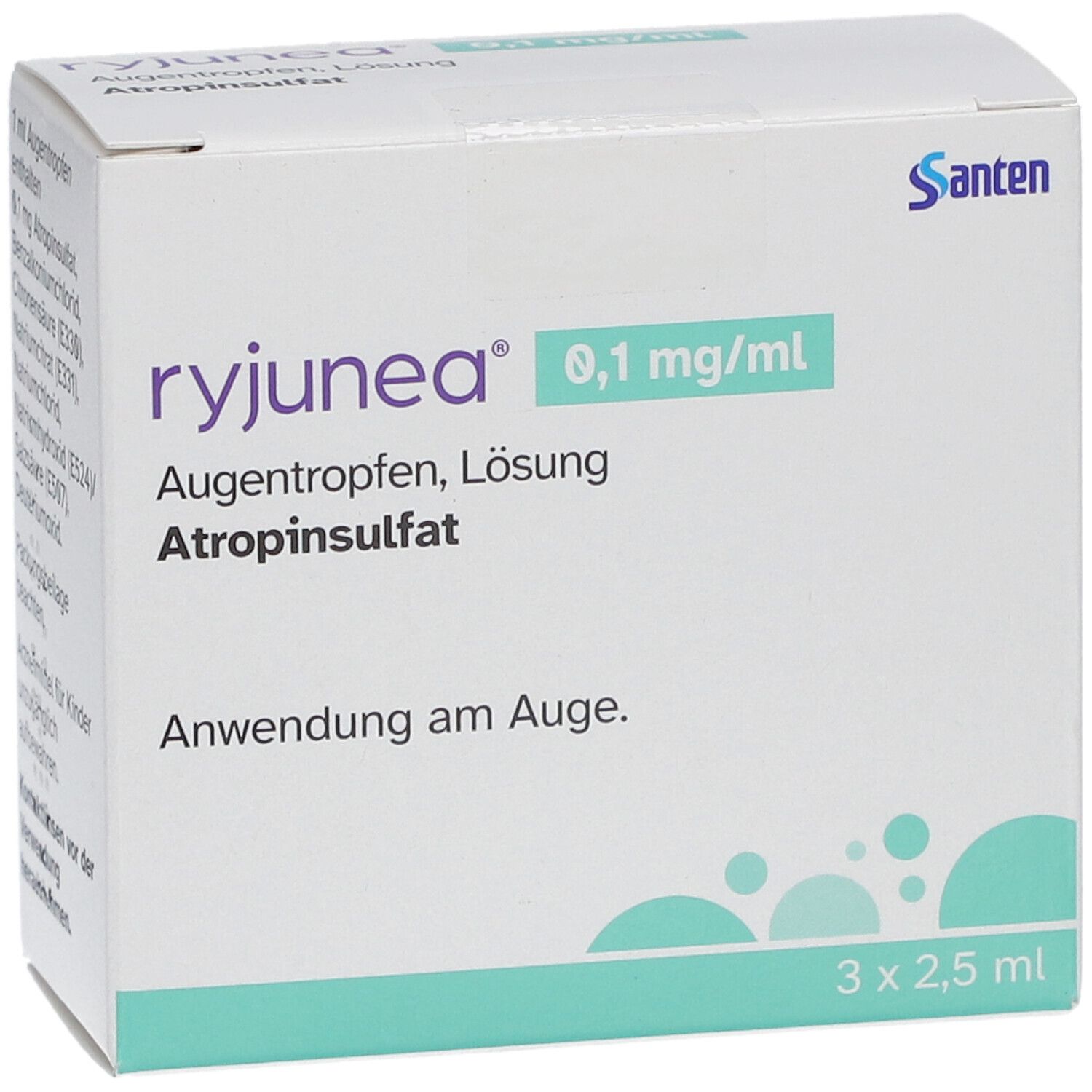 Weisse Schachtel mit "ryjunea" Augentropfen. Enthält 3 x 2,5 ml. Aufschrift: "Anwendung am Auge". Hersteller: Santen.