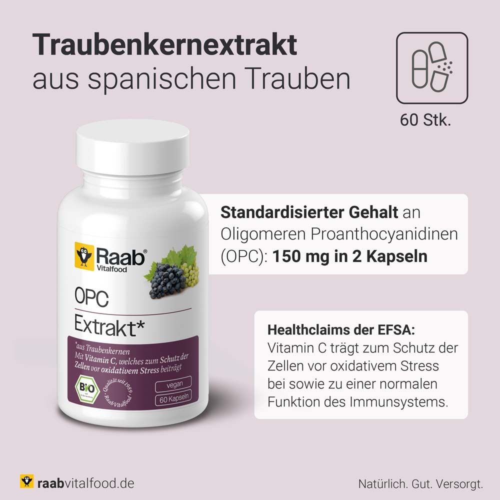 Weiße Flasche Raab Vitalfood OPC Extrakt. Text: Traubenkernextrakt aus spanischen Trauben. 60 Kapseln. Bio-Siegel.
