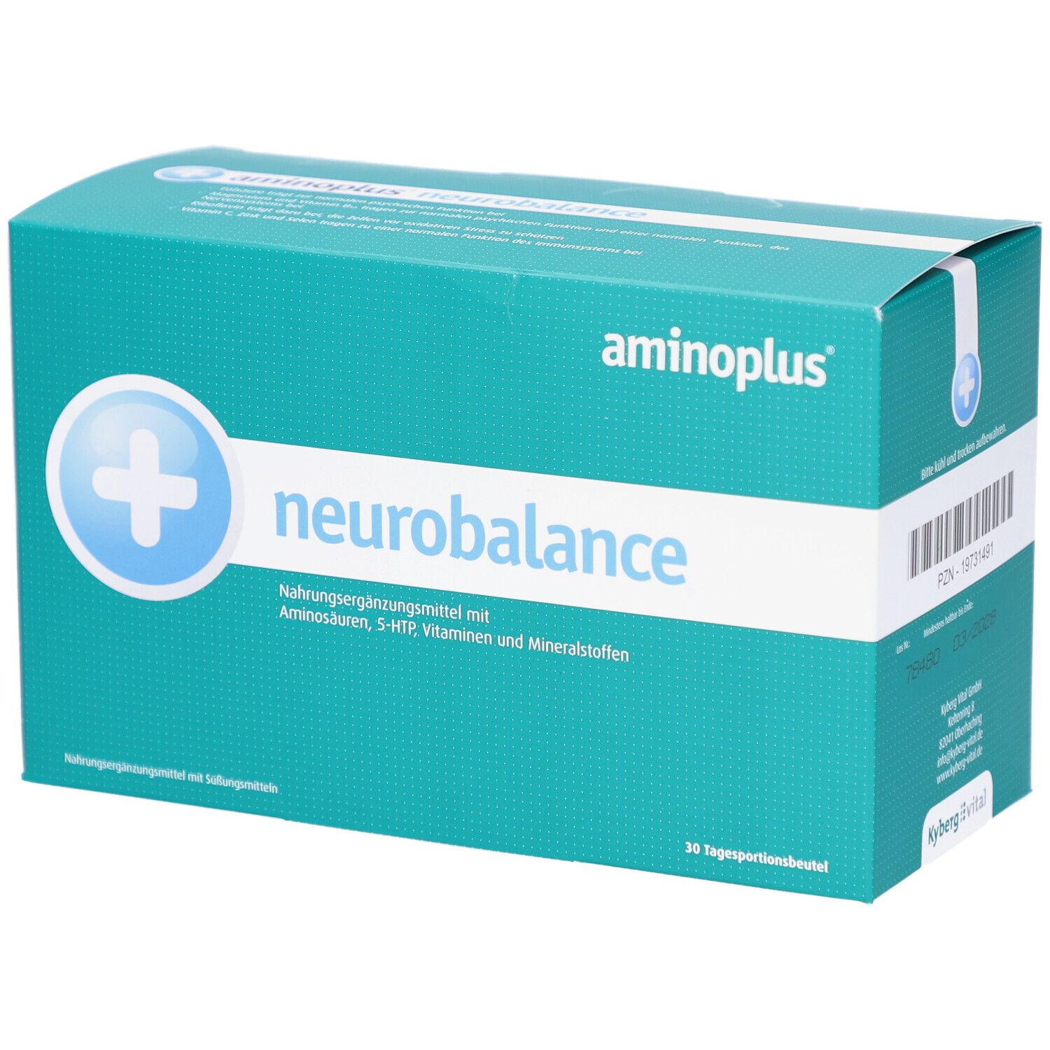 Türkisgrüne Schachtel mit "aminoplus neurobalance". Enthält 30 Tagesportionsbeutel. Aufdruck mit Inhaltsstoffen und Logo.