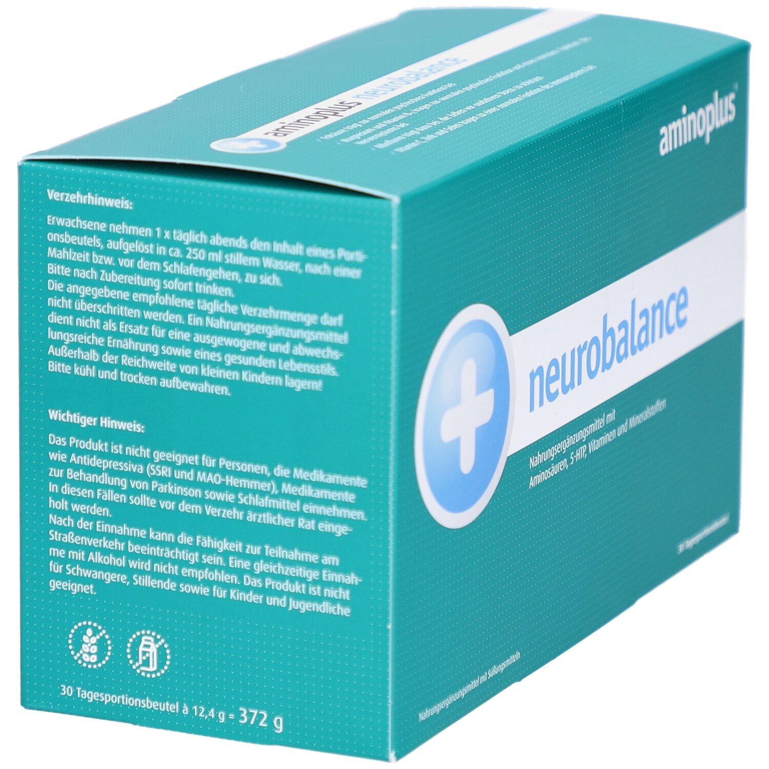 Türkisgrüne Schachtel "aminoplus neurobalance". Text mit Verzehrhinweisen und Warnhinweisen. 30 Tagesportionsbeutel.
