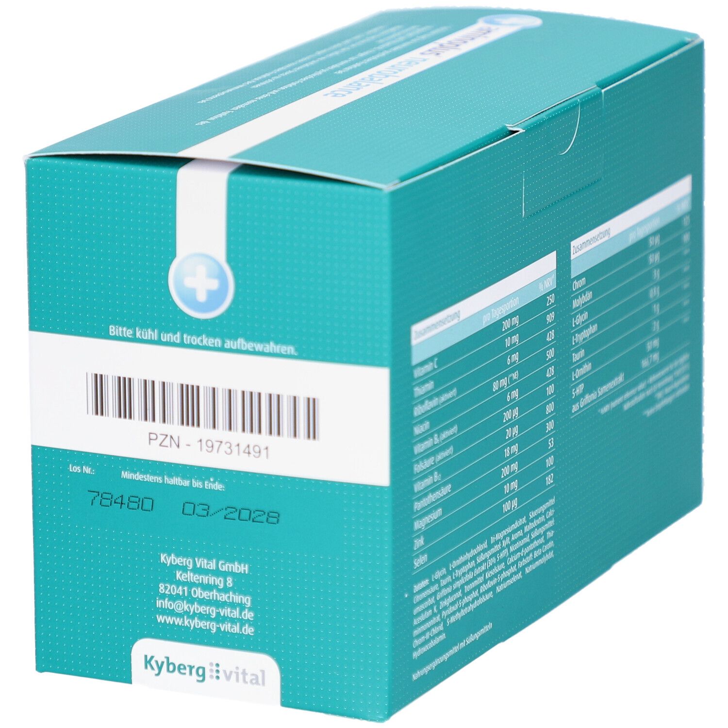 Rückseite der Schachtel "aminoplus neurobalance". Enthält Inhaltsstoffe und Nährwerte. PZN-Nummer und Mindesthaltbarkeitsdatum.