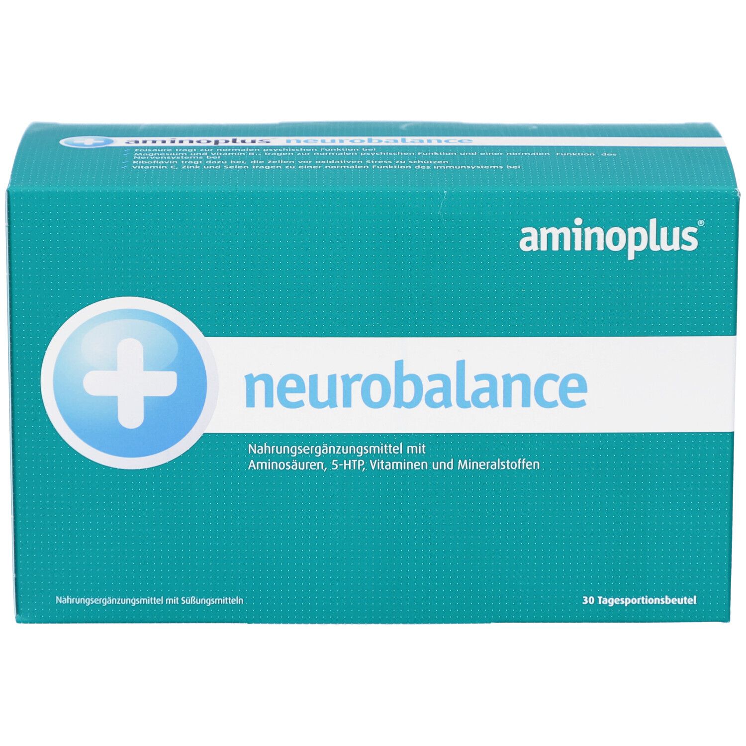 Türkisgrüne Schachtel "aminoplus neurobalance". Vorderseite mit Logo, Produktname und Inhaltsangabe. 30 Tagesportionen.