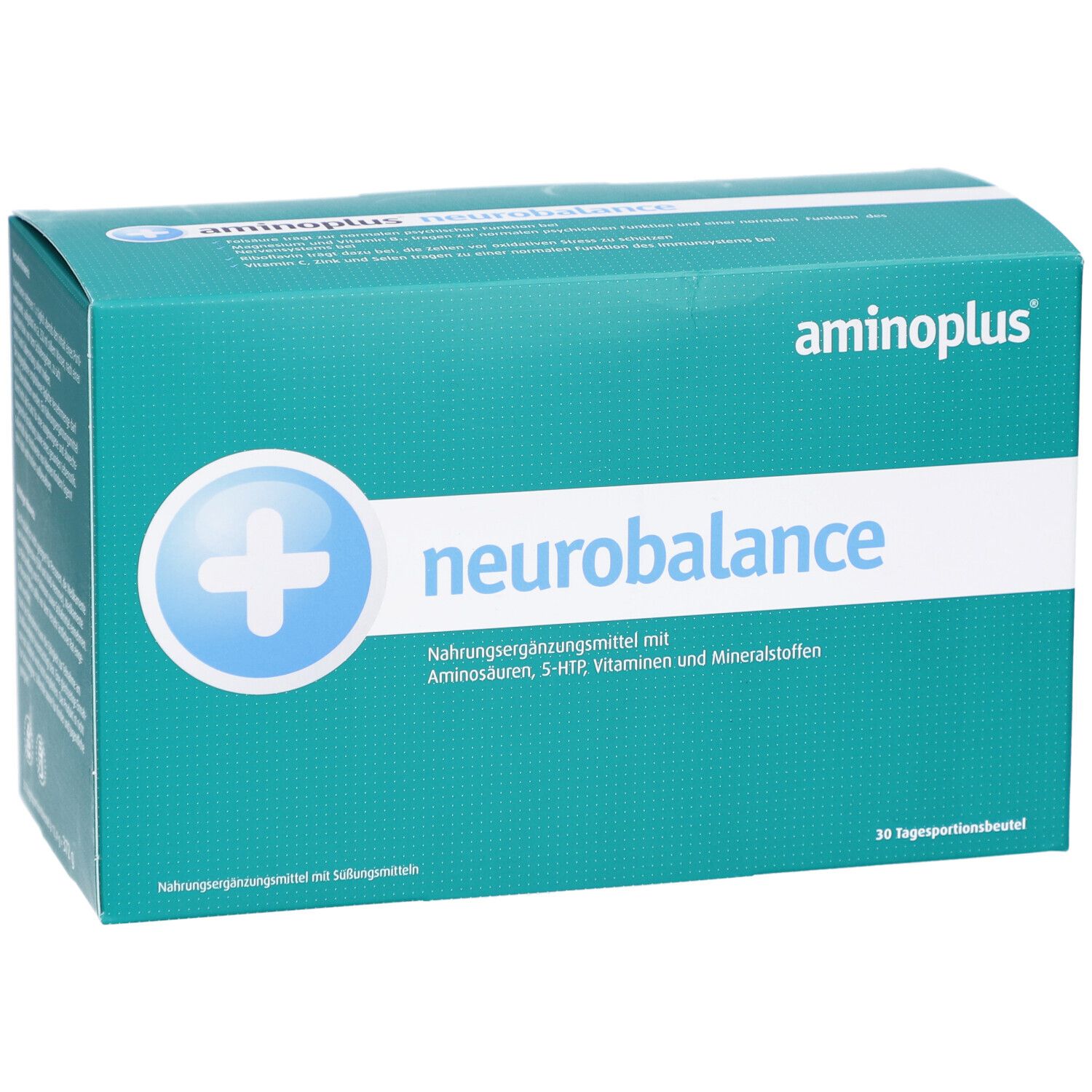 Türkisgrüne Schachtel "aminoplus neurobalance". Vorderseite mit Logo, Produktname und Inhaltsangabe. 30 Tagesportionen.