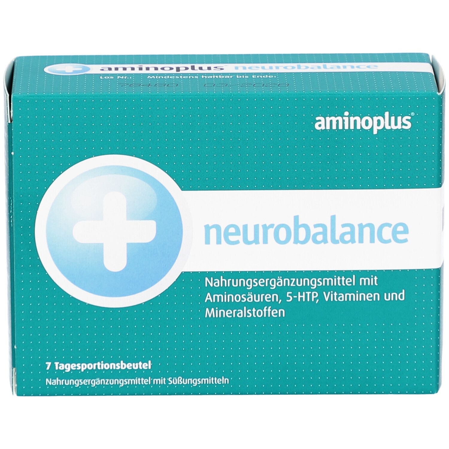 AMINOPLUS neurobalance-Packung. Grün-weiße Schachtel mit Logo und Produktbezeichnung. Enthält 7 Tagesportionsbeutel.