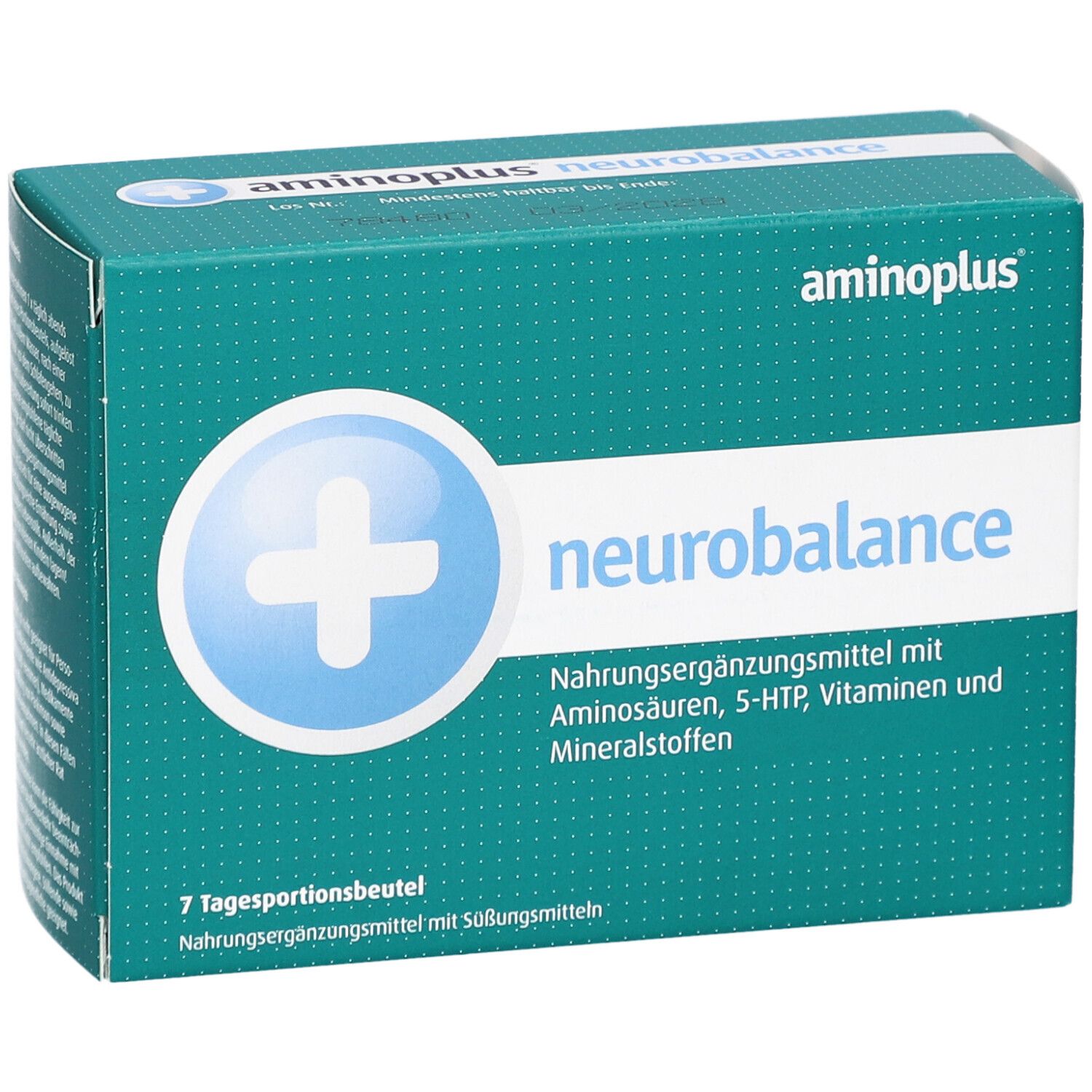 AMINOPLUS neurobalance-Packung. Grün-weiße Schachtel mit Logo und Produktbezeichnung. Enthält 7 Tagesportionsbeutel.