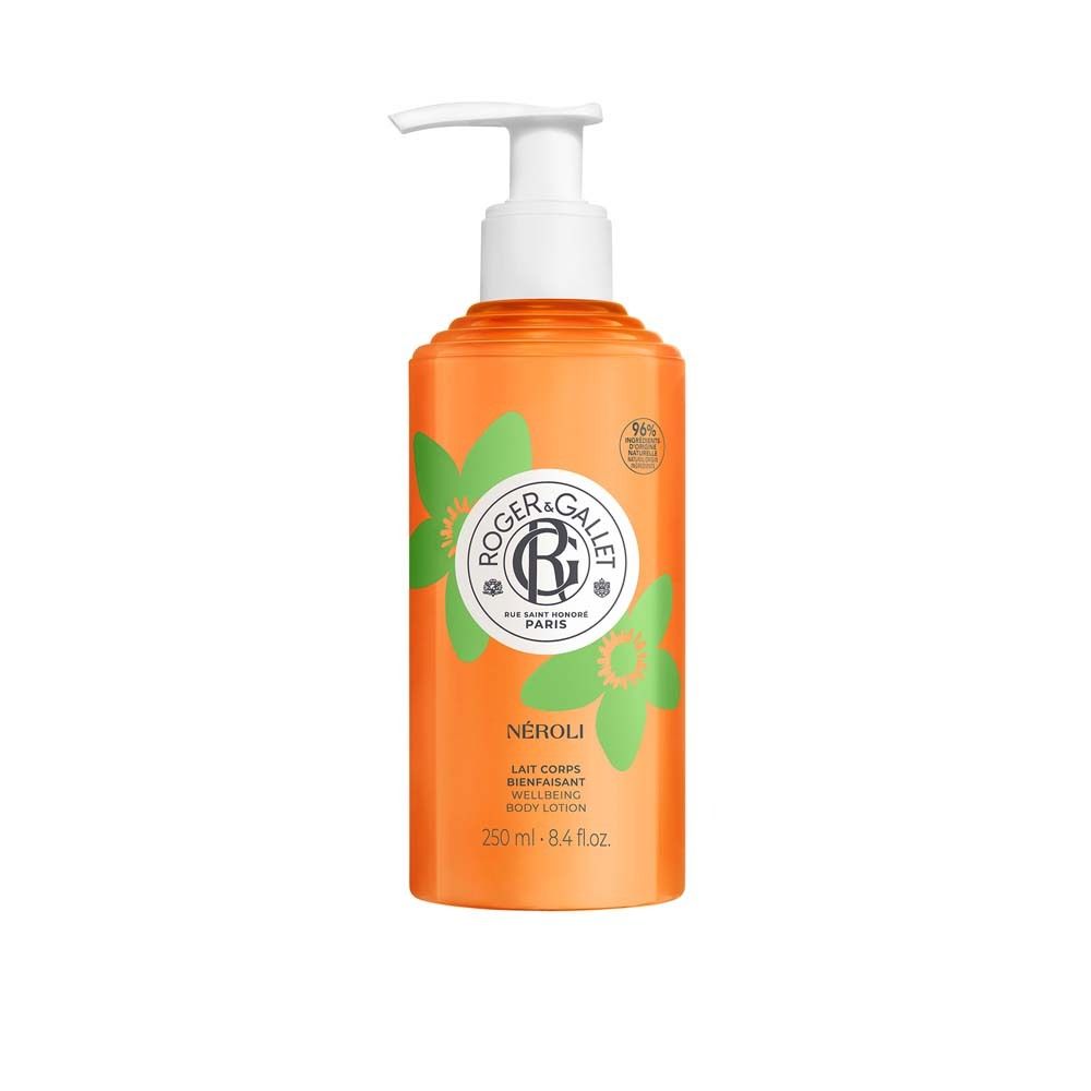 Orangefarbene Flasche mit Pumpe. ROGER&GALLET Néroli Körpermilch. Grüne Blüten-Dekoration. 250ml.