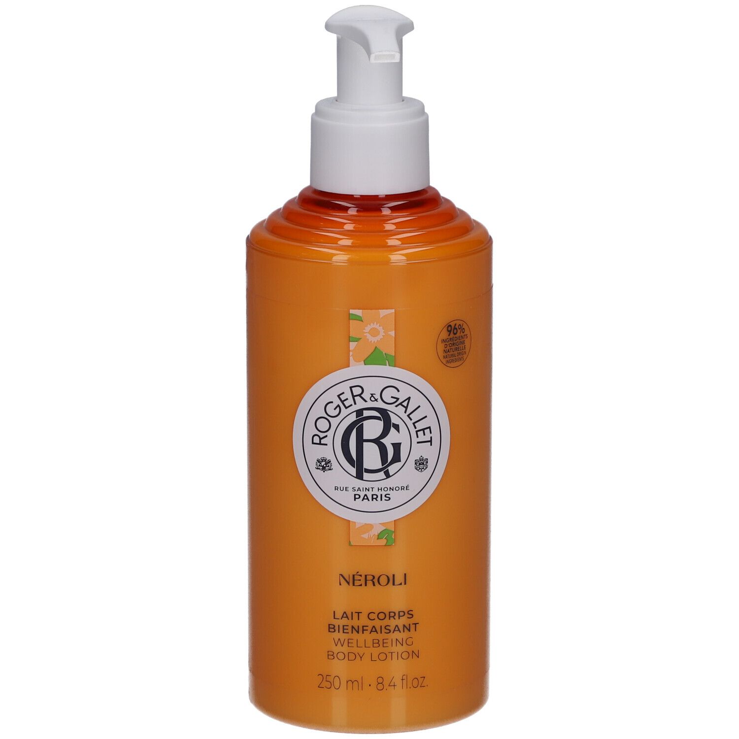 Orangefarbene Flasche mit weißem Pumpverschluss. Aufschrift: Roger & Gallet, Néroli, Body Lotion. 250 ml.