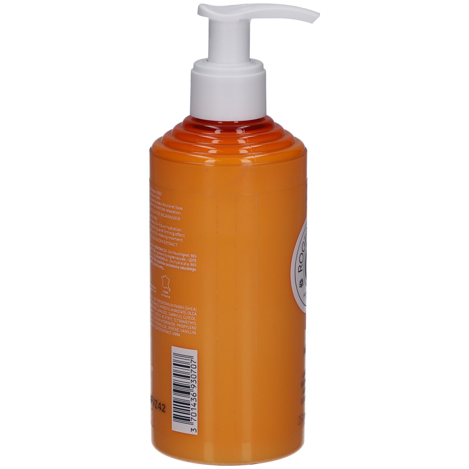 Orangefarbene Flasche mit weißem Pumpverschluss. Rückseite mit Text und Barcode. 