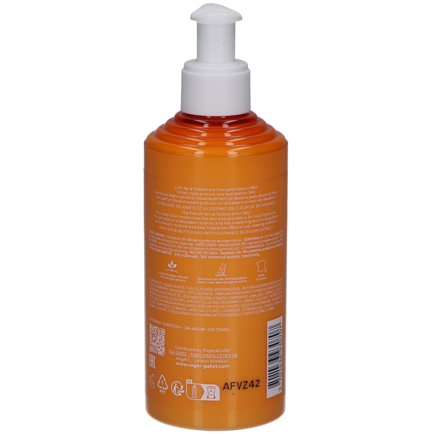 Orangefarbene Flasche mit weißem Pumpverschluss. Rückseite mit Text, QR-Code und Logos.