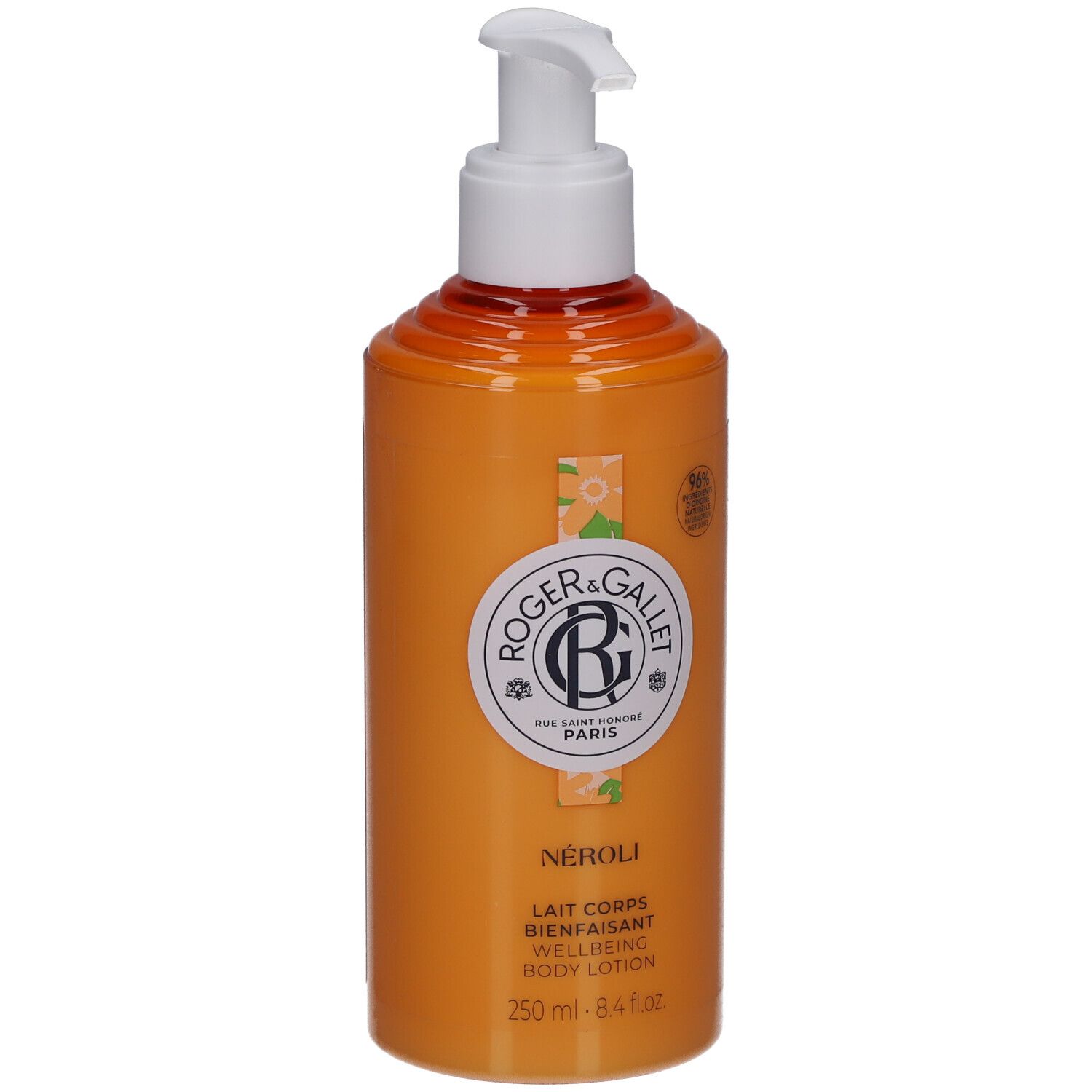 Orangefarbene Flasche mit weißem Pumpverschluss. Aufschrift: Roger & Gallet, Néroli, Body Lotion. 250 ml.