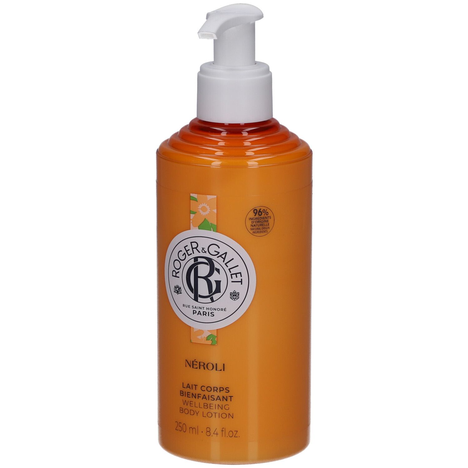 Orangefarbene Flasche mit weißem Pumpverschluss. Aufschrift: Roger & Gallet, Néroli, Body Lotion. 250 ml. Mit Siegel.