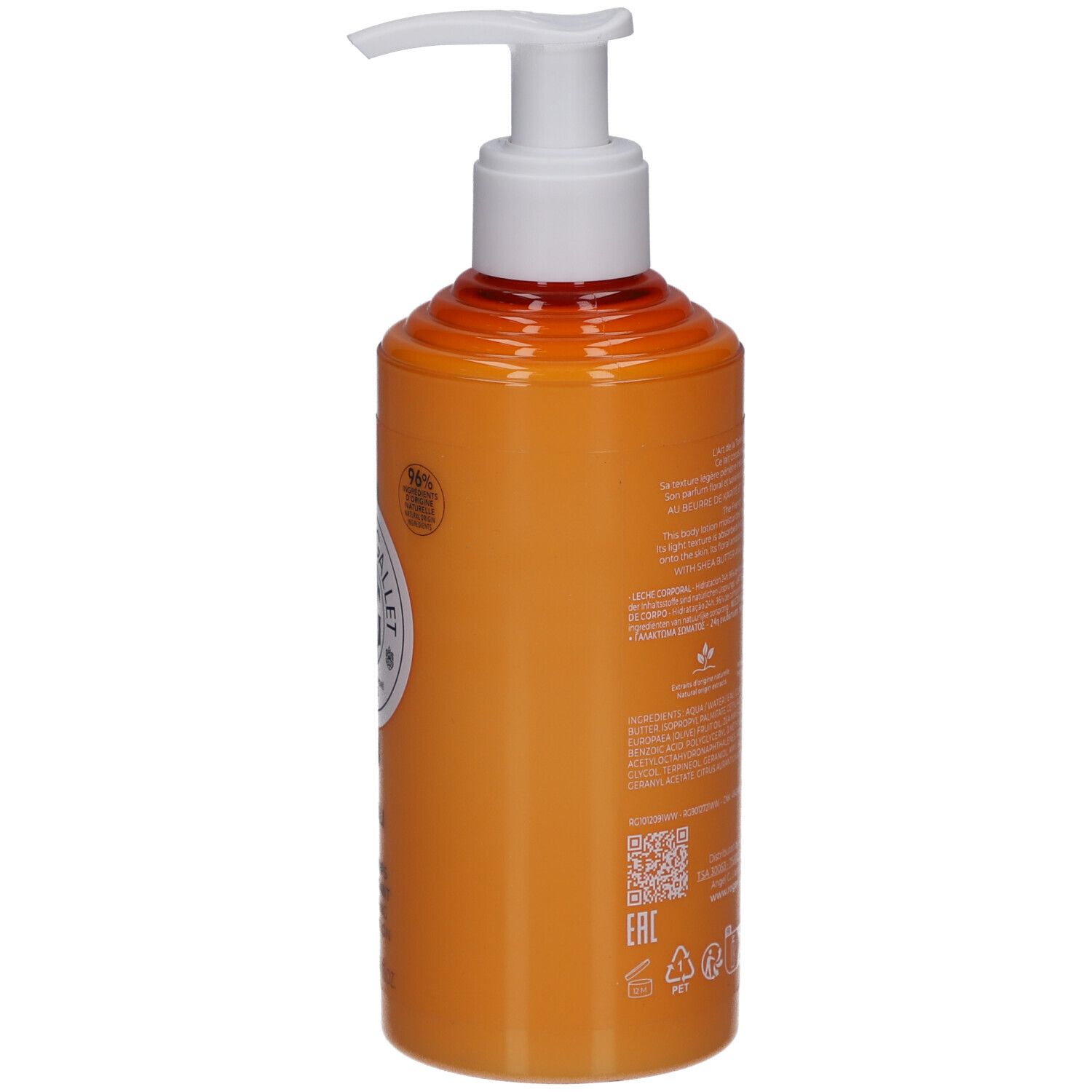 Orangefarbene Flasche mit weißem Pumpverschluss. Rückseite mit Text, QR-Code und Logos.