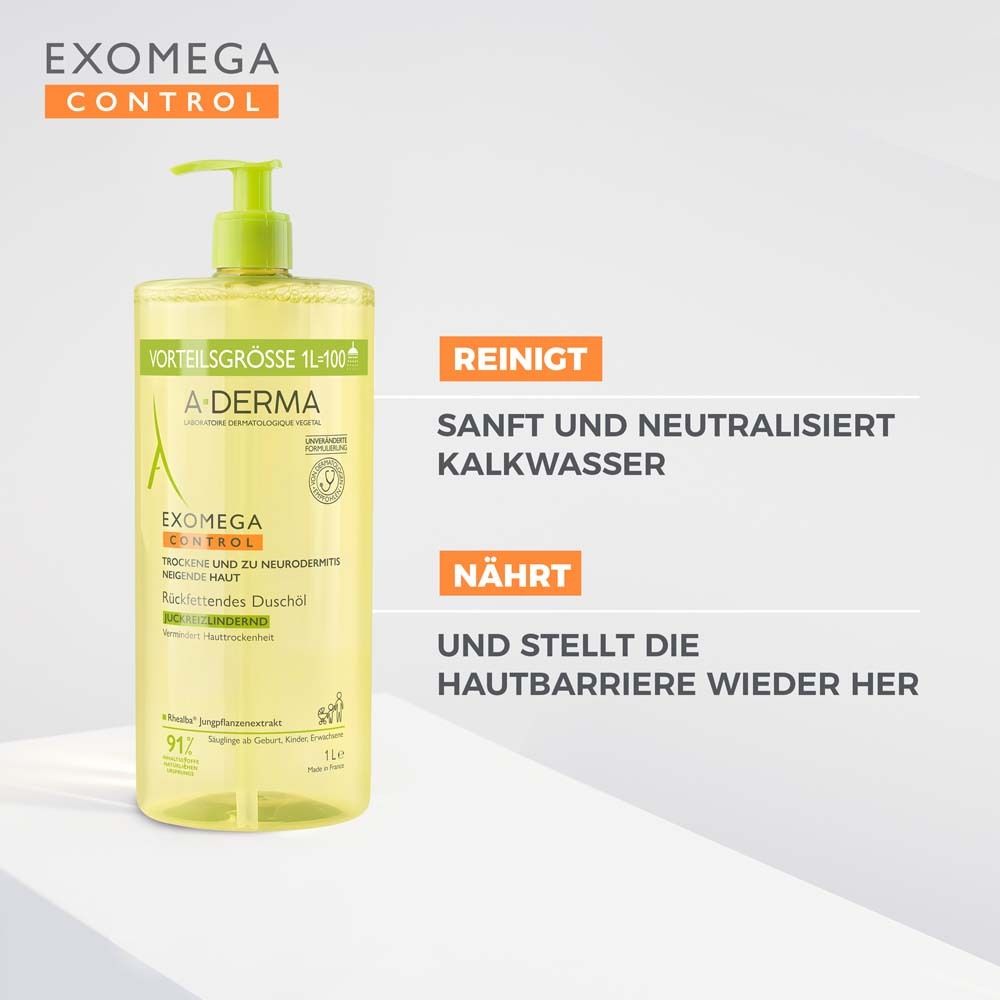 A-Derma EXOMEGA Control Duschöl. Reinigt, sanft und neutralisiert Kalkwasser. Nährt und stellt Hautbarriere wieder her.