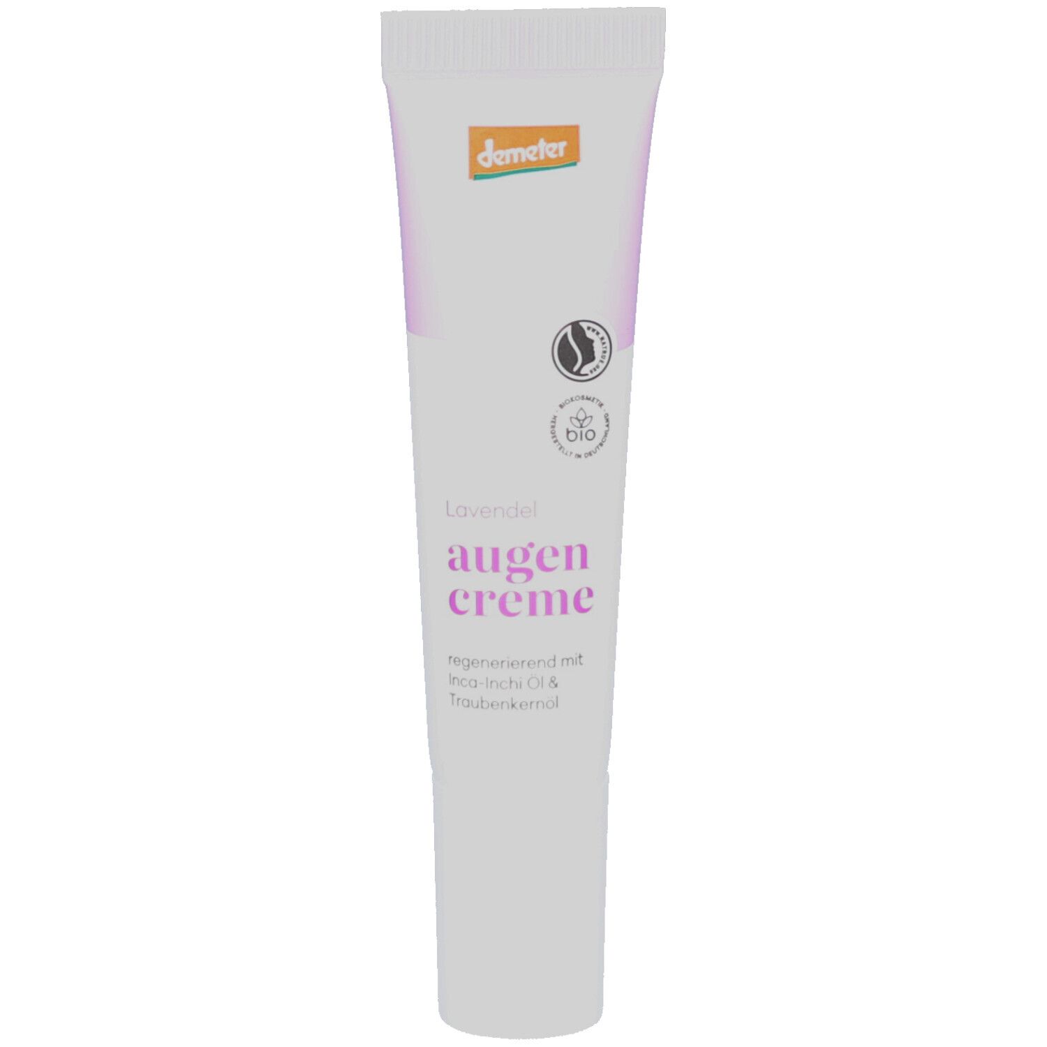 Weiße Tube mit lila Akzenten. Aufschrift: Lavendel Augencreme. Demeter-Logo und Bio-Siegel.