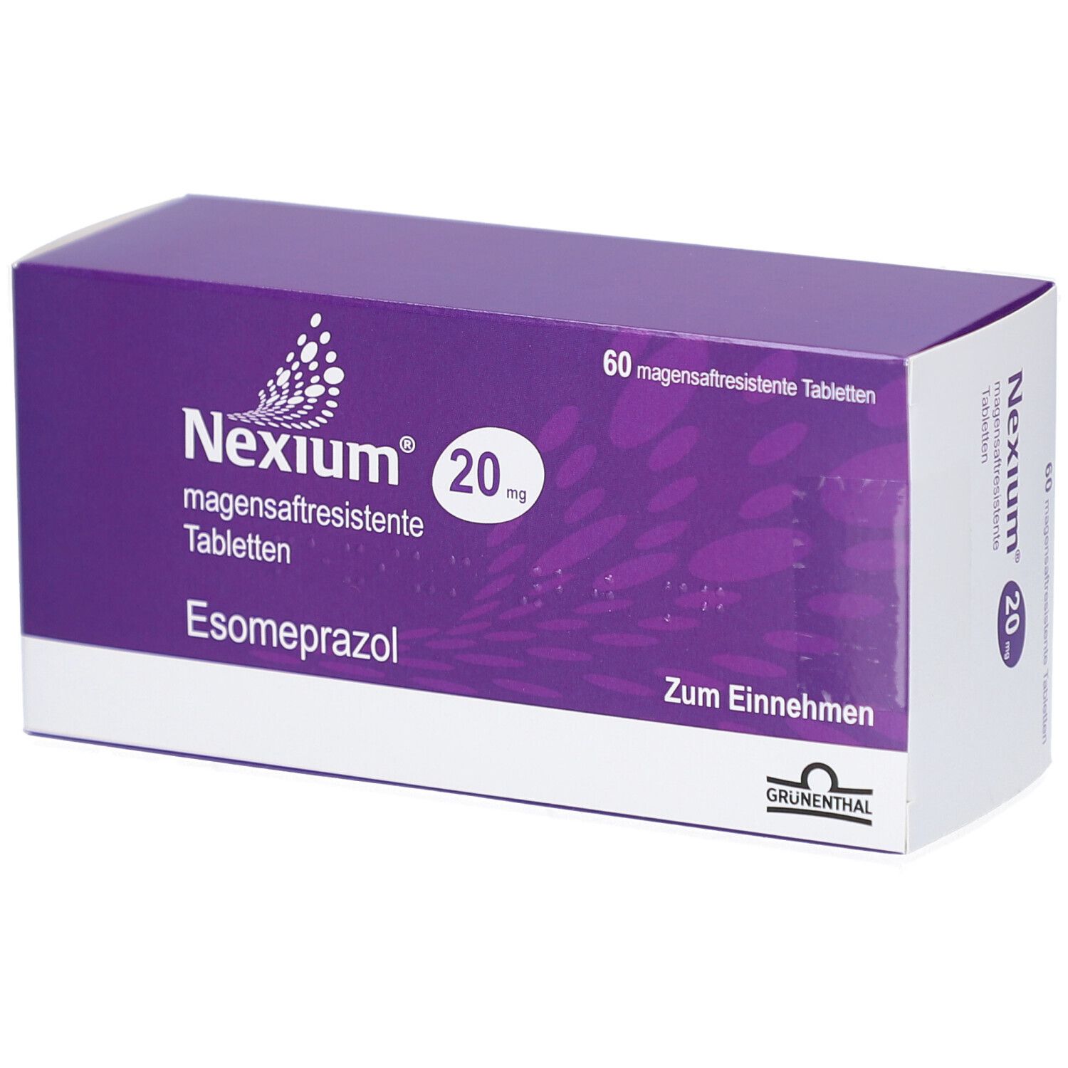 Schachtel mit Nexium 20 mg magensaftresistente Tabletten. Lila-weißes Design, Produktname und Dosierung deutlich sichtbar.
