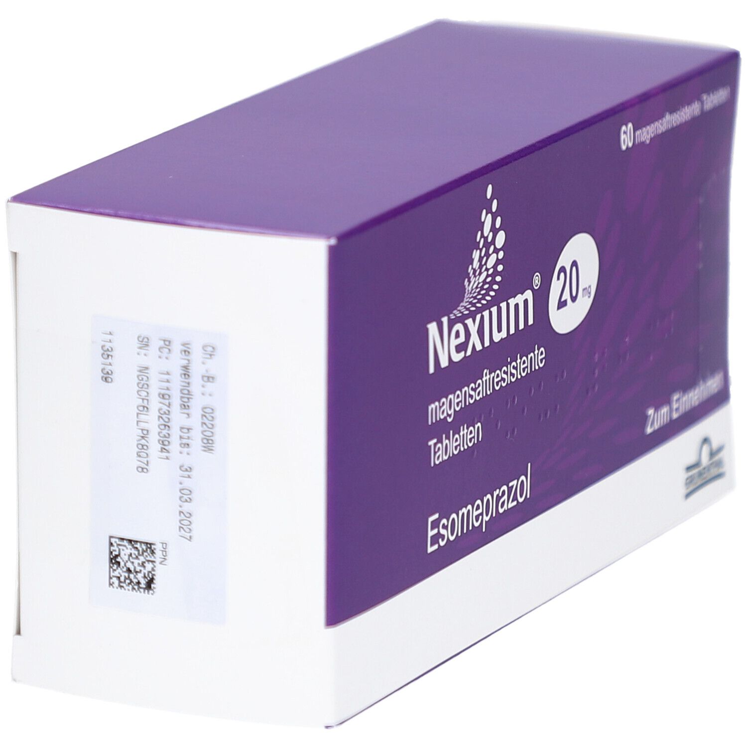Schachtel Nexium 20 mg Tabletten, Seitenansicht. Lila-weißes Design, Produktname und Dosierung sichtbar, QR-Code.