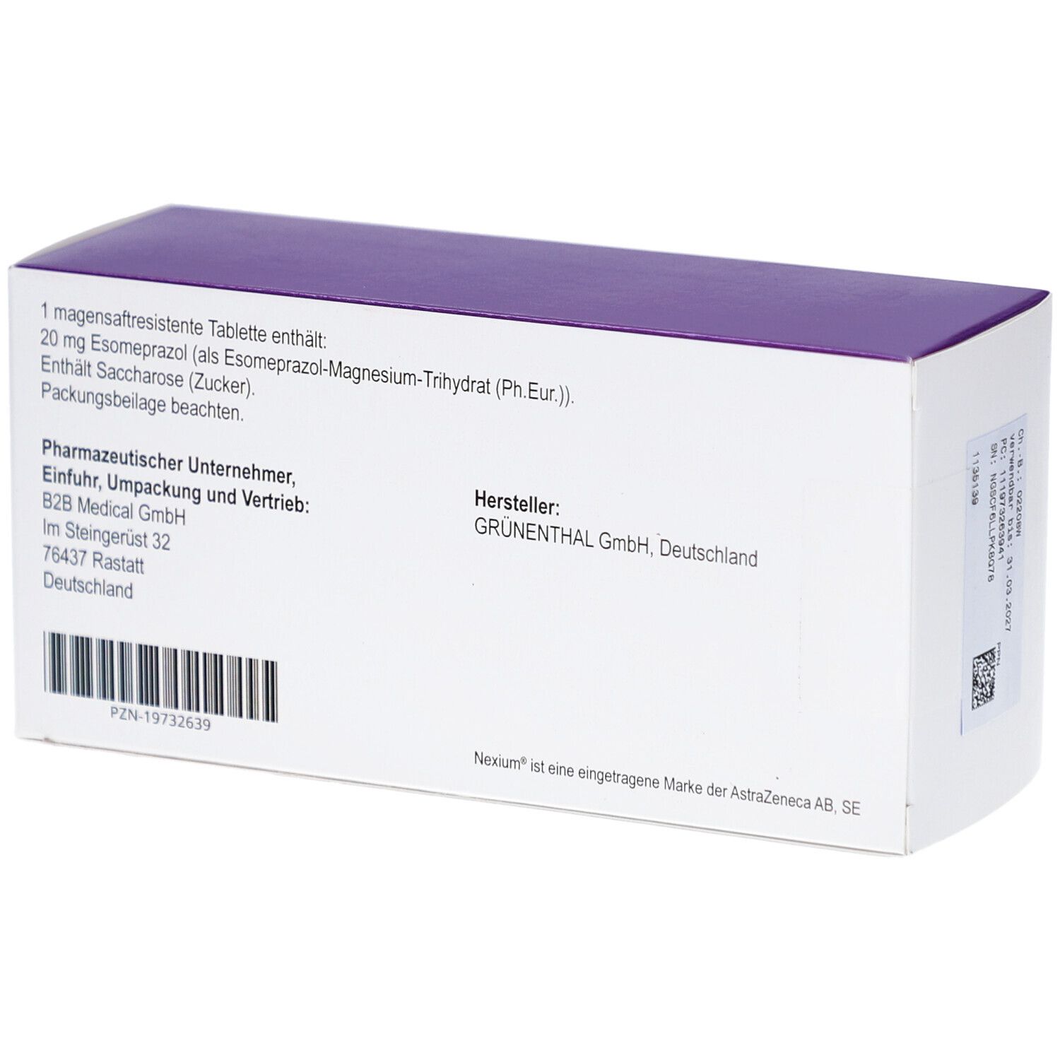 Rückseite der Nexium 20 mg Tabletten-Schachtel. Textinformationen, Herstellerangaben, Barcode und Markenhinweis.