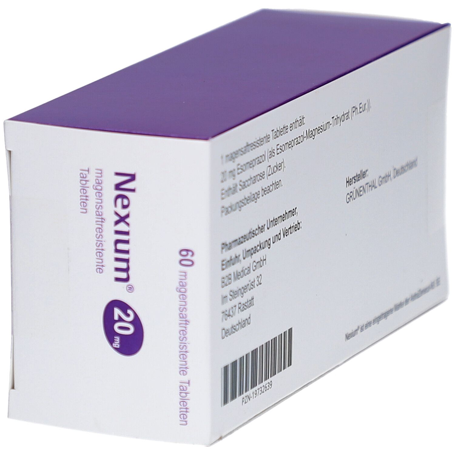 Schachtel Nexium 20 mg Tabletten, schräge Ansicht. Lila-weißes Design, Produktname, Dosierung und Textinformationen.