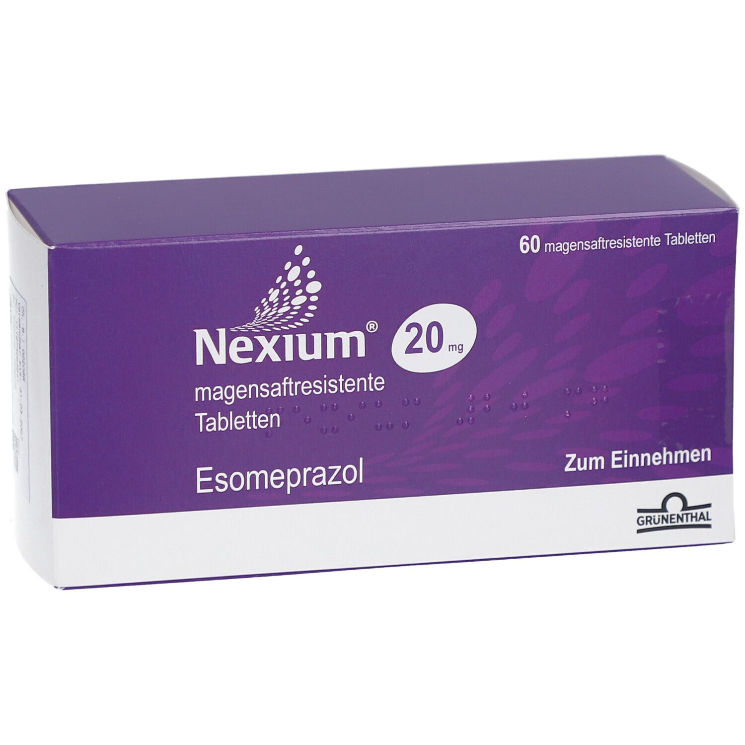 Schachtel Nexium 20 mg Tabletten. Lila-weißes Design, Produktname, Dosierung und Packungsinhalt deutlich sichtbar.