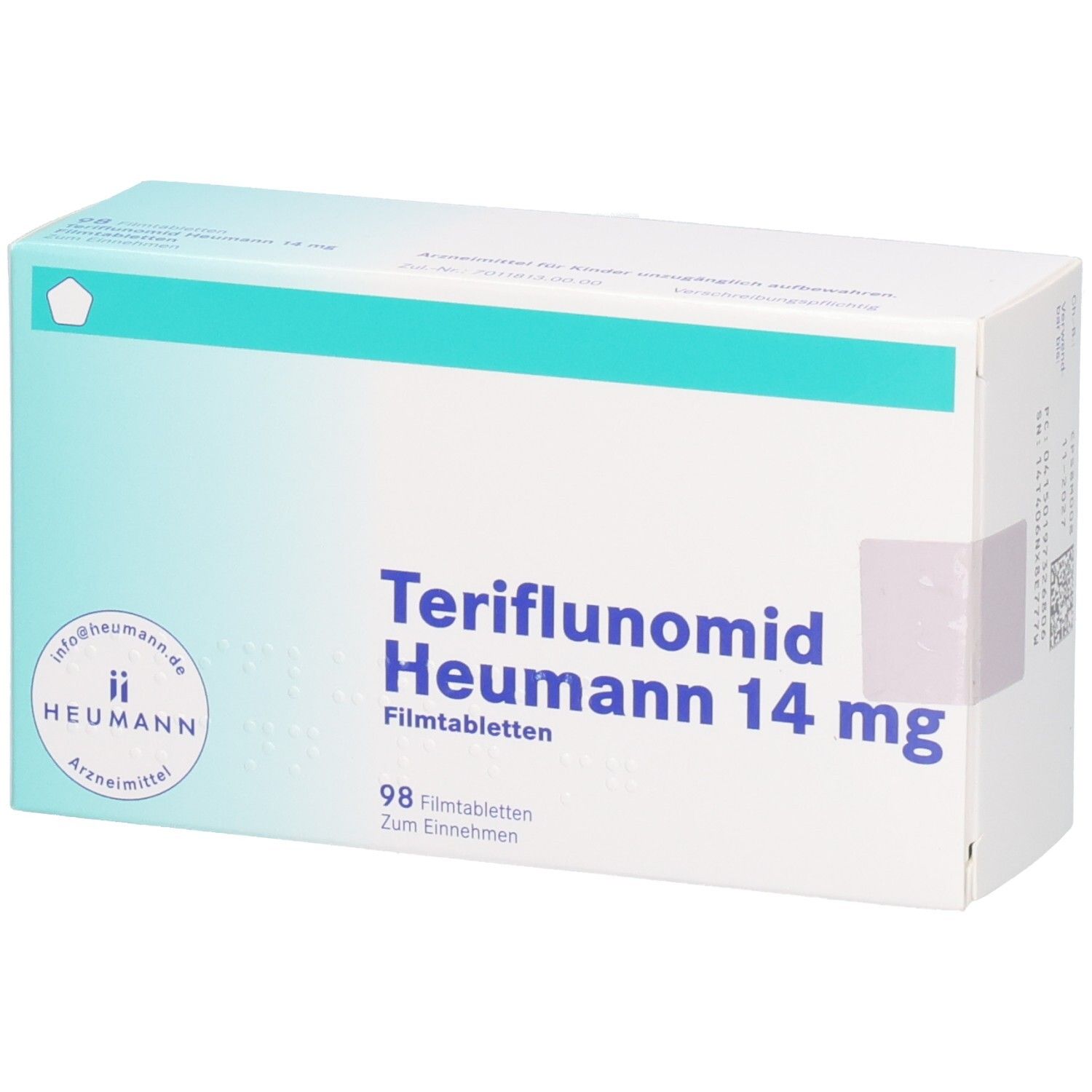 Verpackung Teriflunomid Heumann 14 mg, 98 Filmtabletten. Blauer und türkiser Aufdruck.