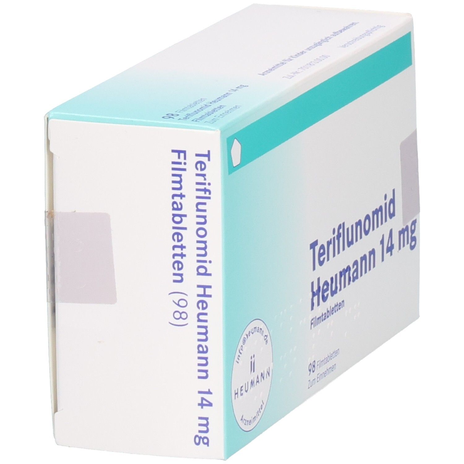 Verpackung Teriflunomid Heumann 14 mg, 98 Filmtabletten. Seitenansicht mit Aufdruck.