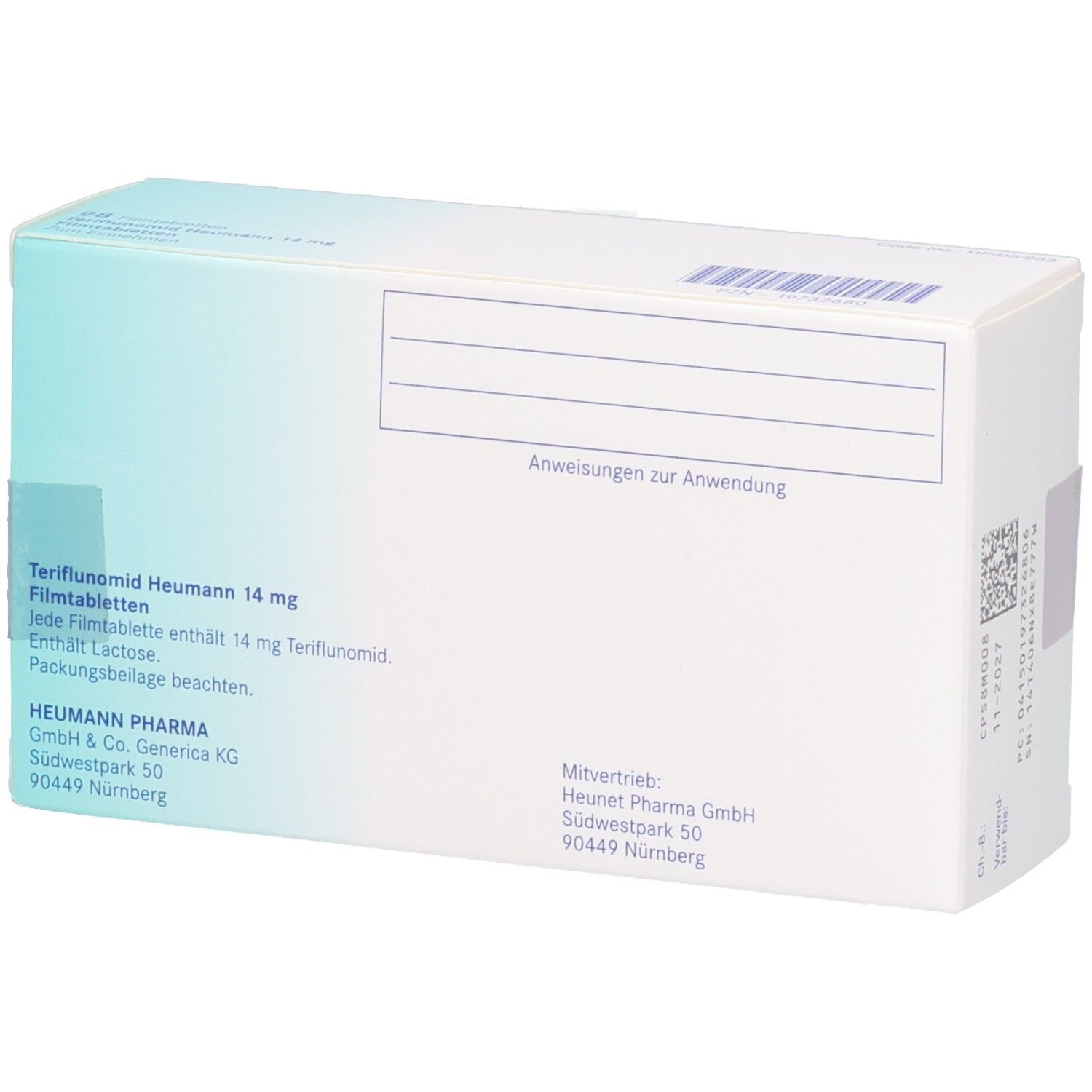 Weiße Arzneimittelverpackung. Beschriftung: Teriflunomid Heumann 14 mg Filmtabletten. Enthält Lactose. Hersteller: Heumann Pharma.