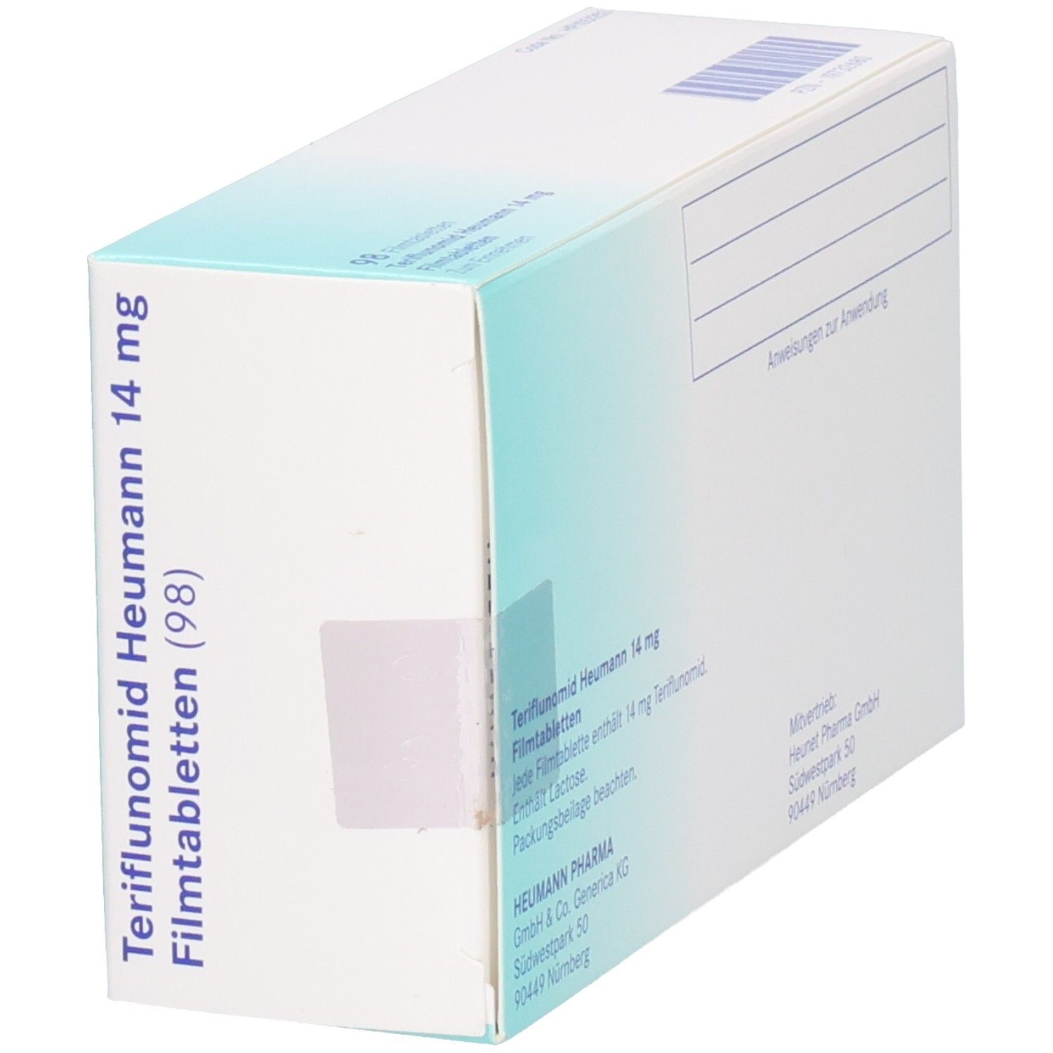 Verpackung Teriflunomid Heumann 14 mg, 98 Filmtabletten. Rückseite mit Barcode und Hinweisen.