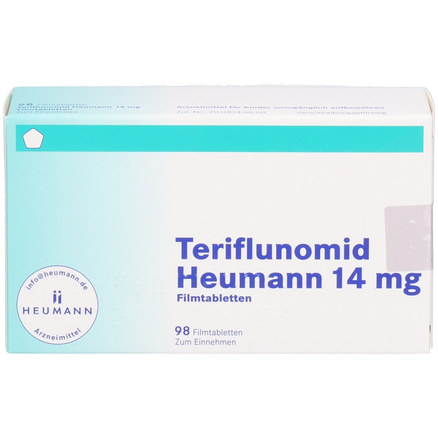 Verpackung Teriflunomid Heumann 14 mg, 98 Filmtabletten. Vorderseite mit Markennamen und Dosierung.