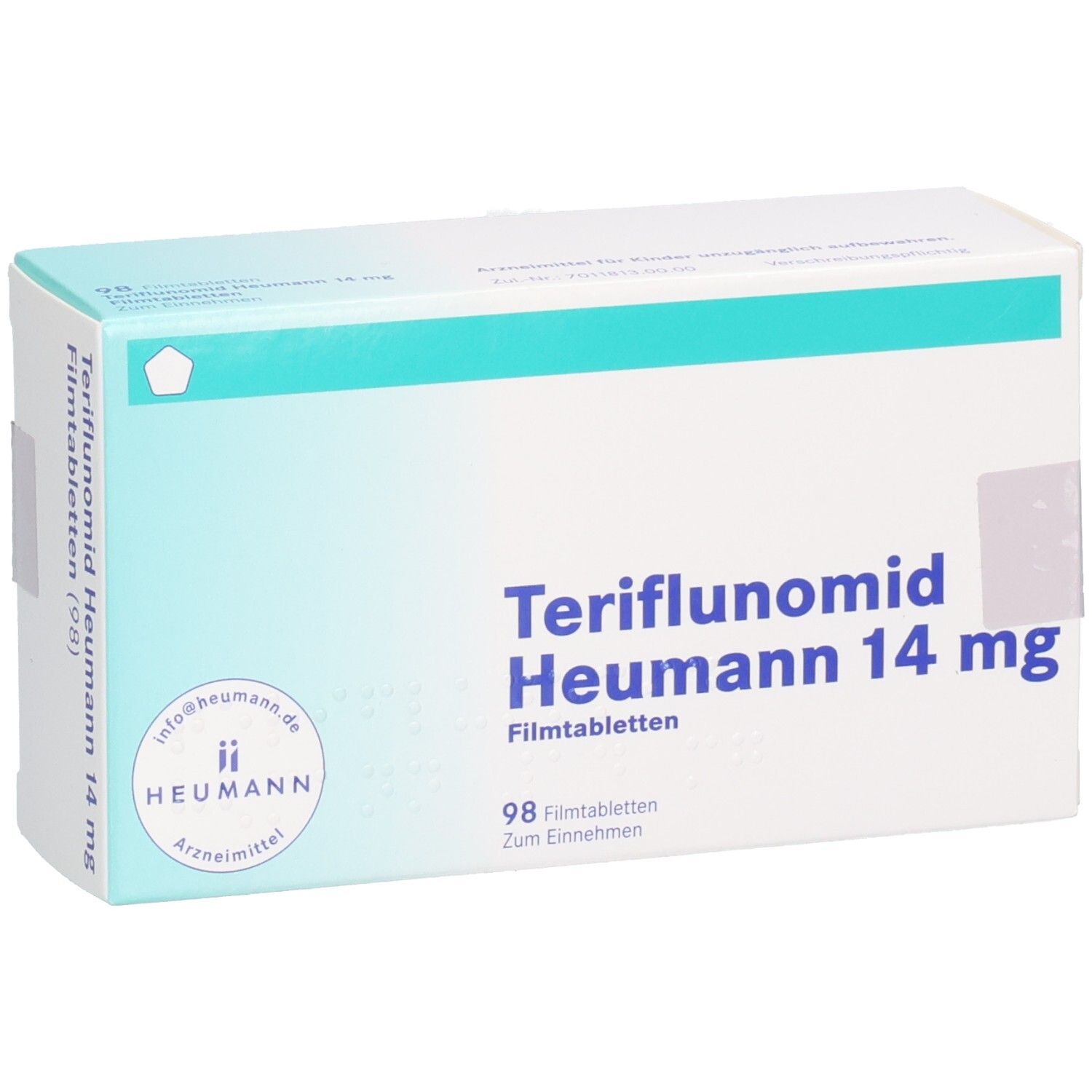 Verpackung Teriflunomid Heumann 14 mg, 98 Filmtabletten. Schrägansicht mit Aufdruck.