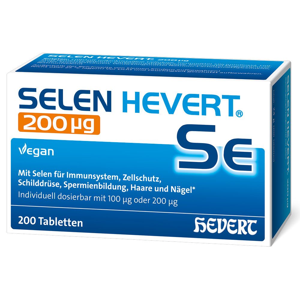 Blau-weiße Schachtel mit SELEN HEVERT 200 µg. Vegan. Enthält 200 Tabletten. Hevert-Logo unten rechts.