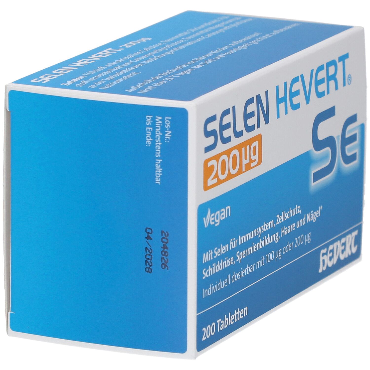 Blau-weiße Schachtel "SELEN HEVERT 200 µg". Mindestens haltbar bis 04/2028. 200 Tabletten. Hevert-Logo.