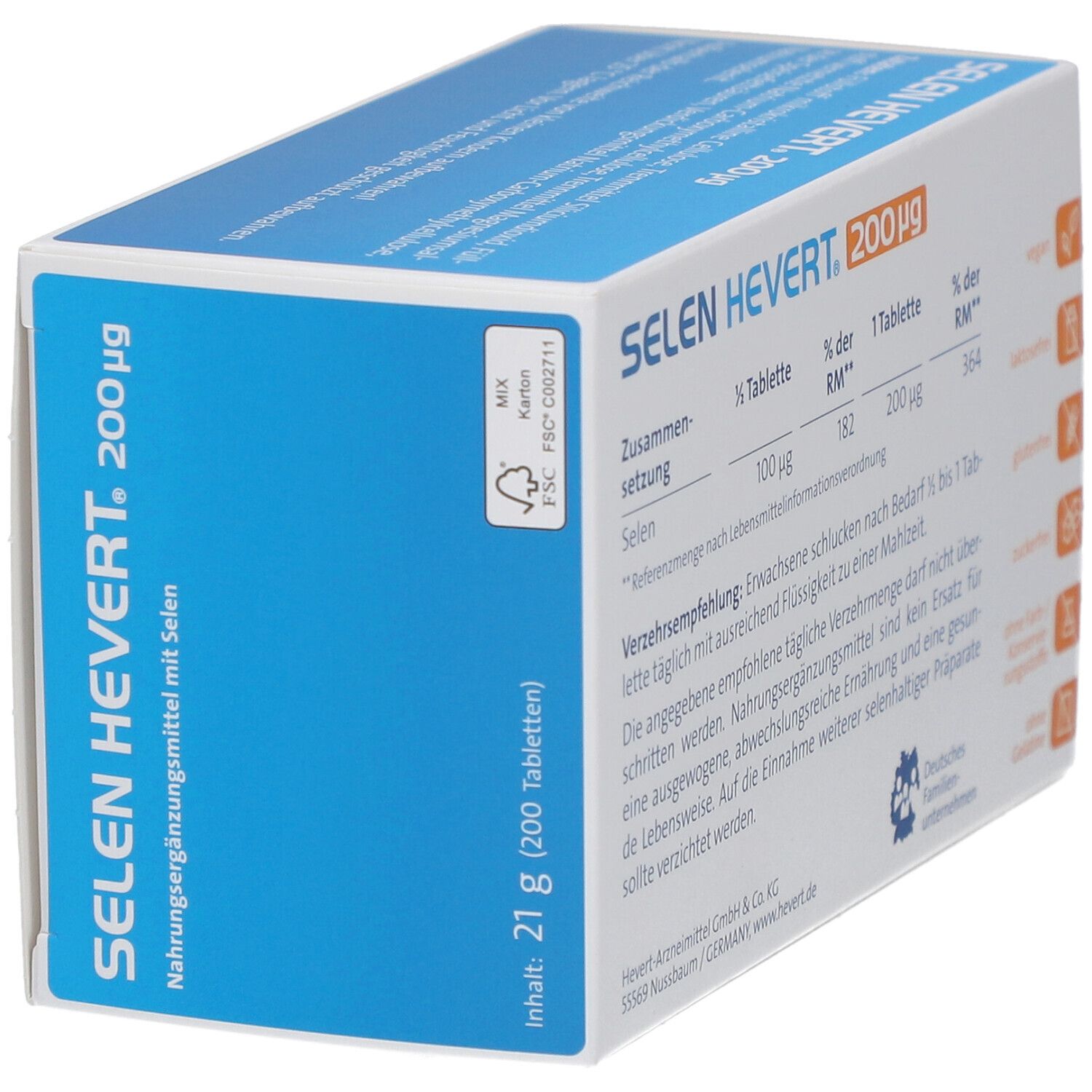 Schachtel "SELEN HEVERT 200 µg". Inhalt: 21 g (200 Tabletten). FSC-Zertifizierung. Deutsches Familienunternehmen.