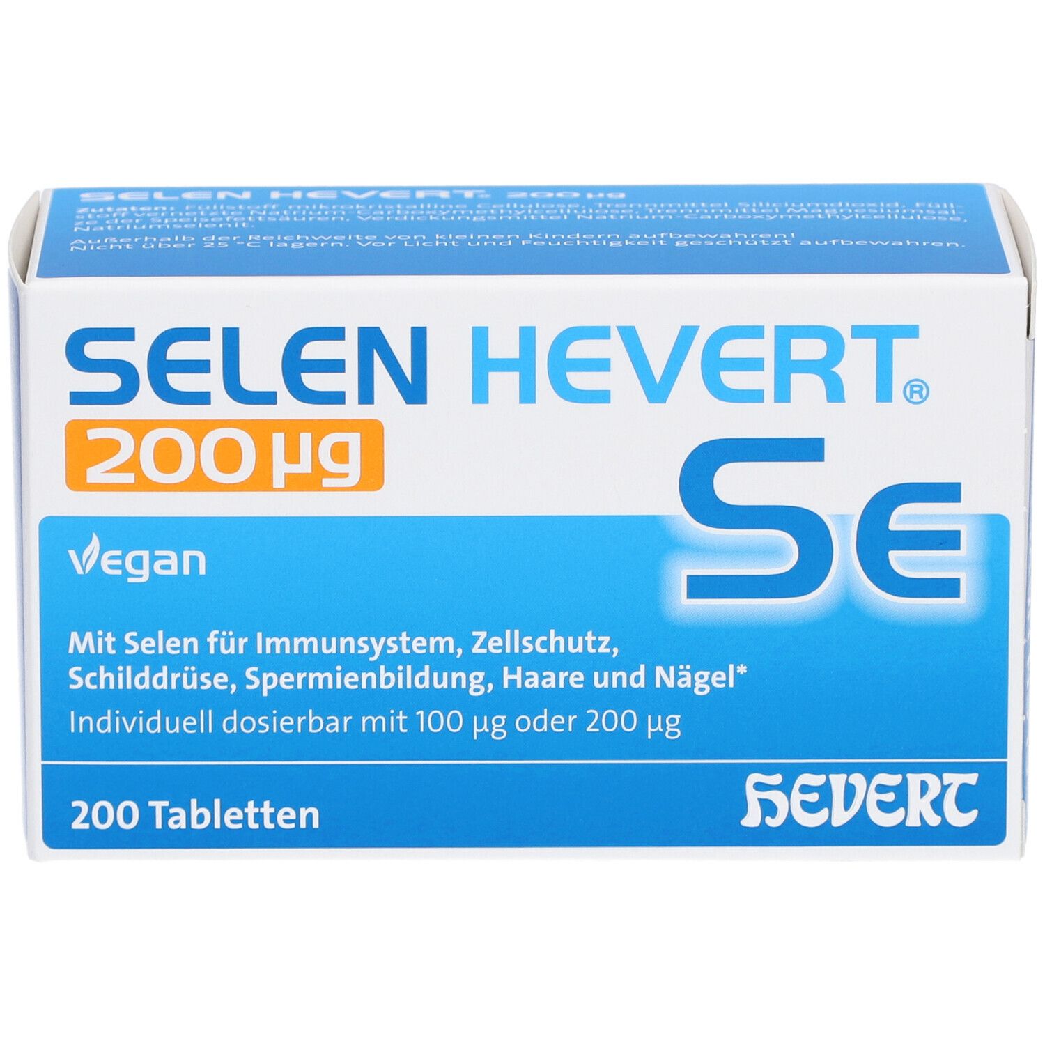 Blau-weiße Schachtel "SELEN HEVERT 200 µg". Enthält 200 Tabletten. Vegan. Hevert-Logo.