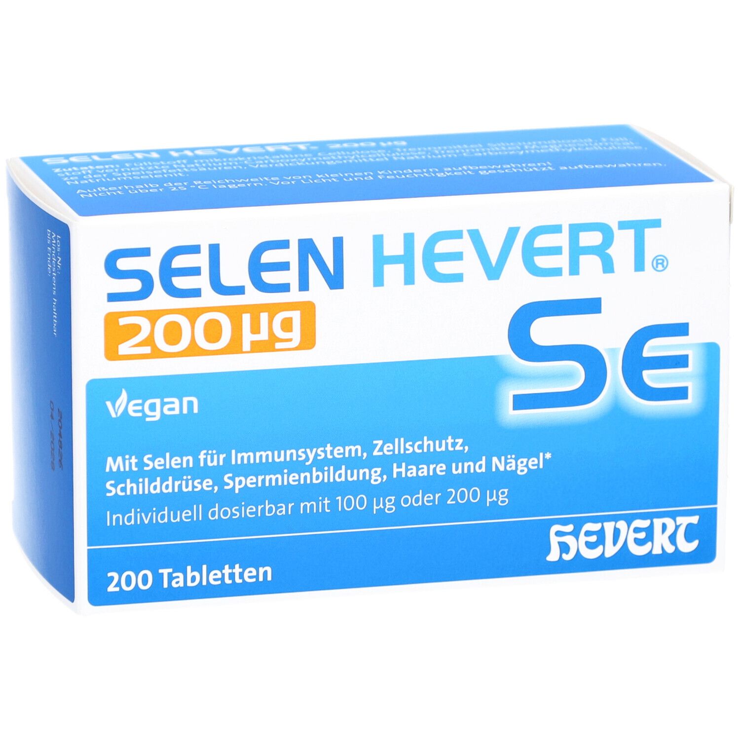 Blau-weiße Schachtel "SELEN HEVERT 200 µg". Enthält 200 Tabletten. Vegan. Hevert-Logo.